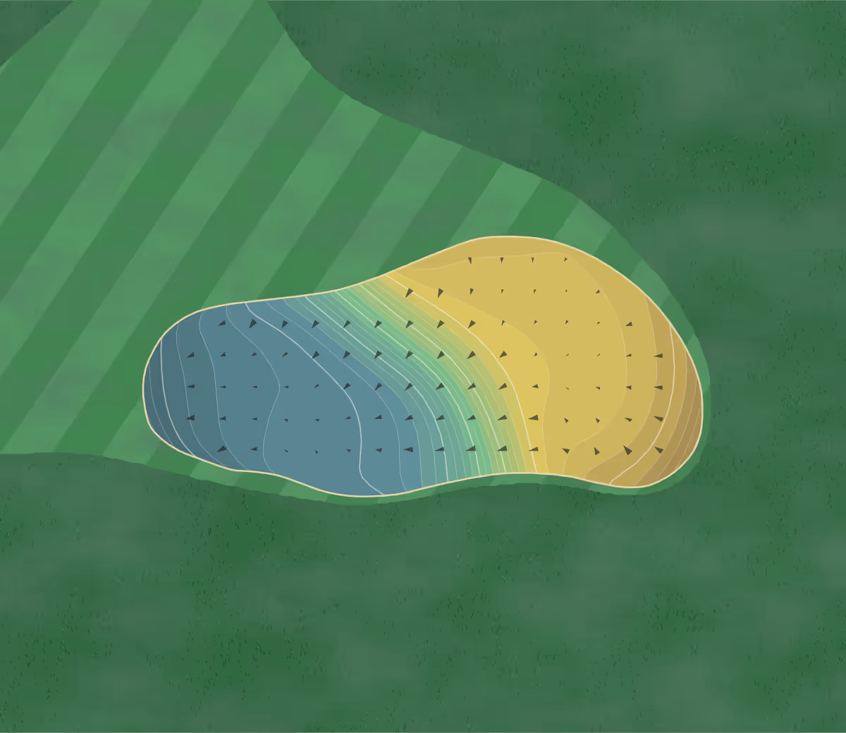 Green contour map of Coyote Creek in Morgan Hill, California — 378 elevation contours at a 3-inch interval with fall-line arrows, traced from 1-meter lidar