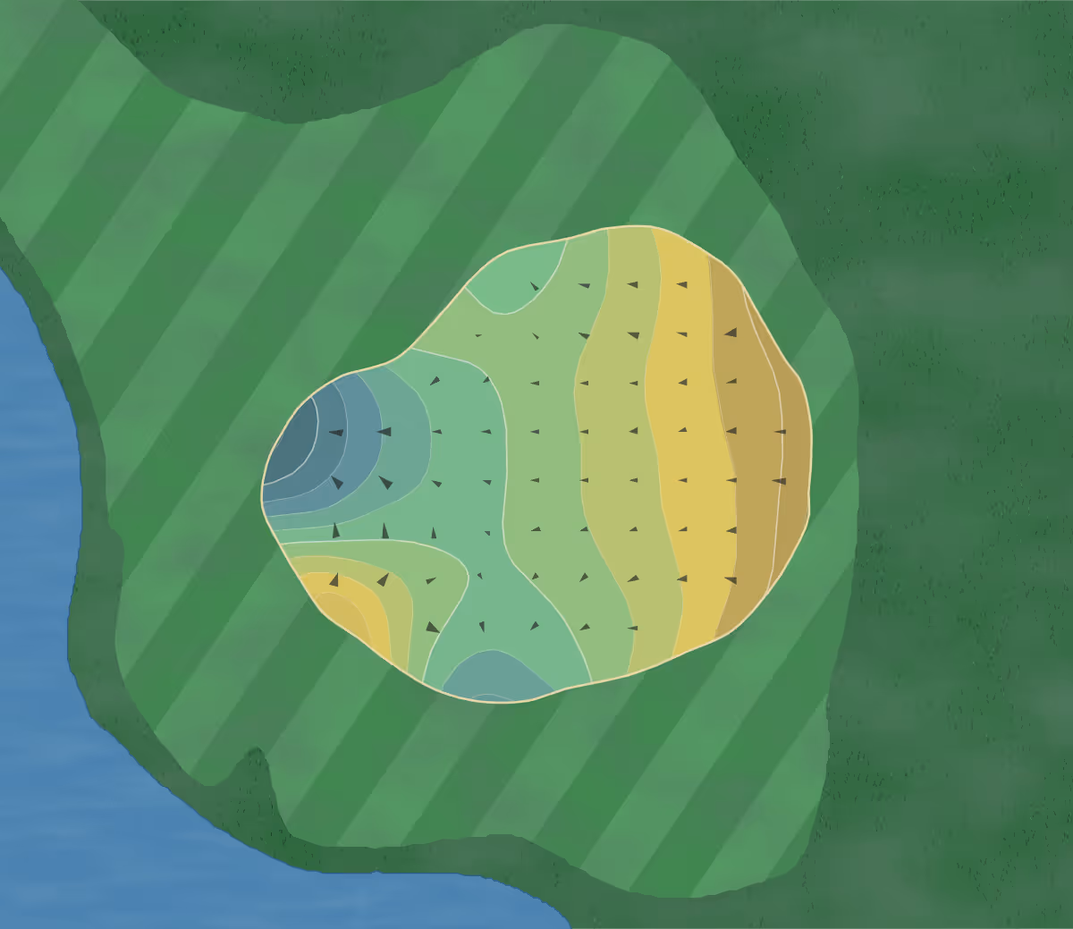 Green contour map of Coyote Creek in Fort Wayne, Indiana — 179 elevation contours at a 3-inch interval with fall-line arrows, traced from 1-meter lidar