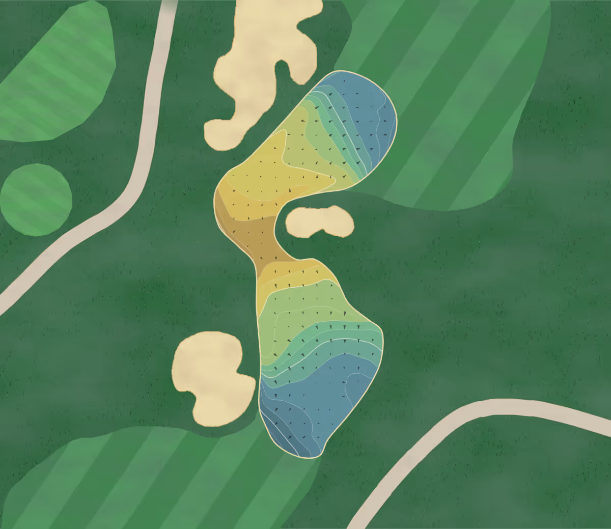 Green contour map of Coyote Creek in Bartonville, Illinois — 182 elevation contours at a 3-inch interval with fall-line arrows, traced from 1-meter lidar