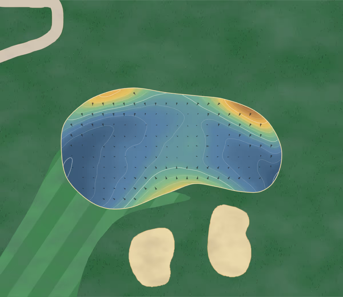Green contour map of Coyote Creek in Sundre, Canada: 189 elevation contours at a 8-centimeter interval with fall-line arrows, traced from 1-meter lidar