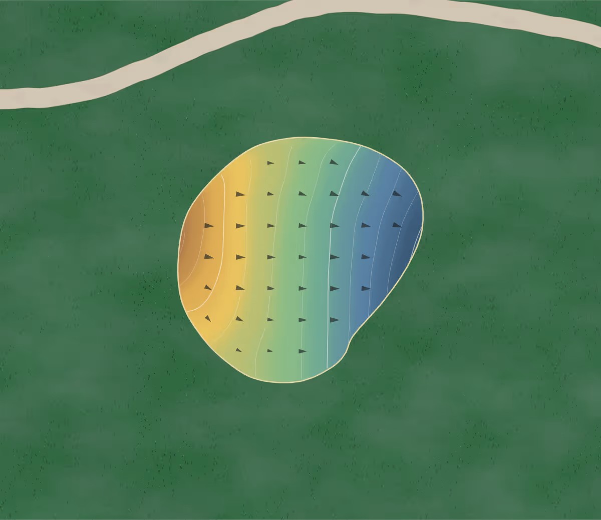 Green contour map of Cozy Acres Golf Links in Madison, Indiana — 72 elevation contours at a 3-inch interval with fall-line arrows, traced from 1-meter lidar