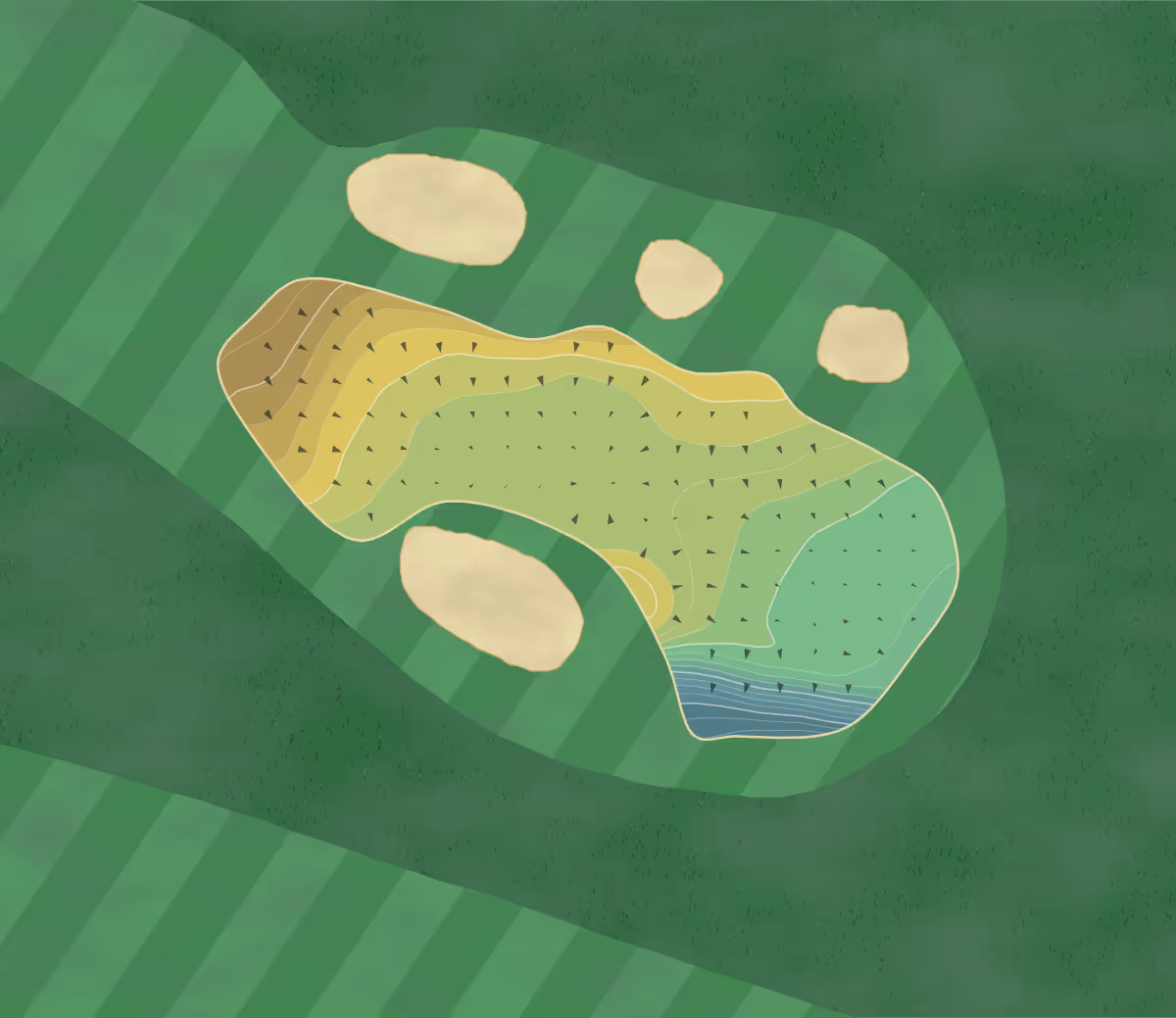 Green contour map of Craigmillar Park in Edinburgh, Scotland — 201 elevation contours at a 8-centimeter interval with fall-line arrows, traced from 1-meter lidar