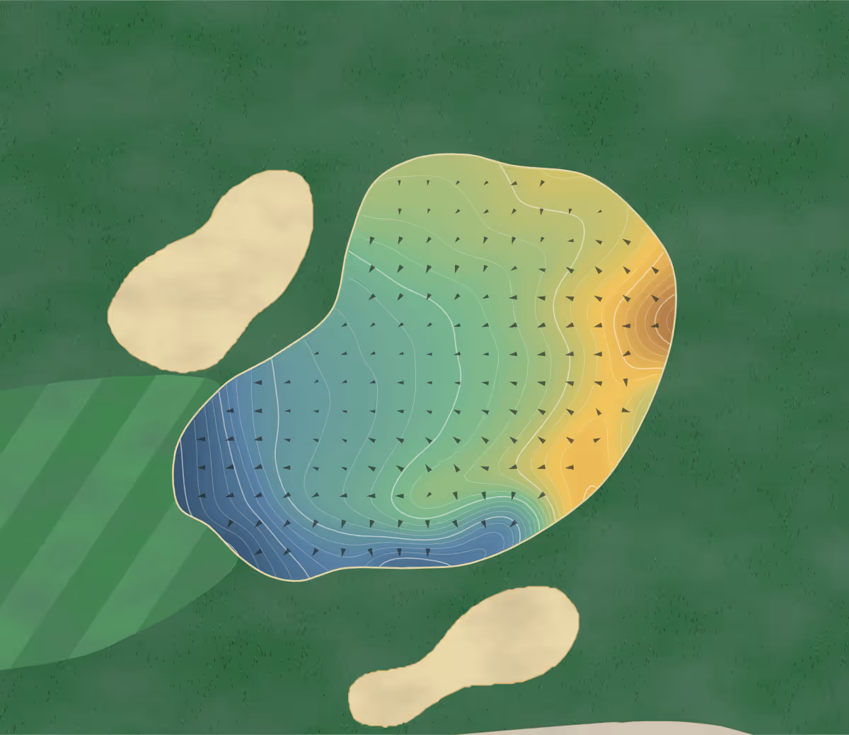 Green contour map of Cranbrook in Cranbrook, Canada — 325 elevation contours at a 8-centimeter interval with fall-line arrows, traced from 1-meter lidar
