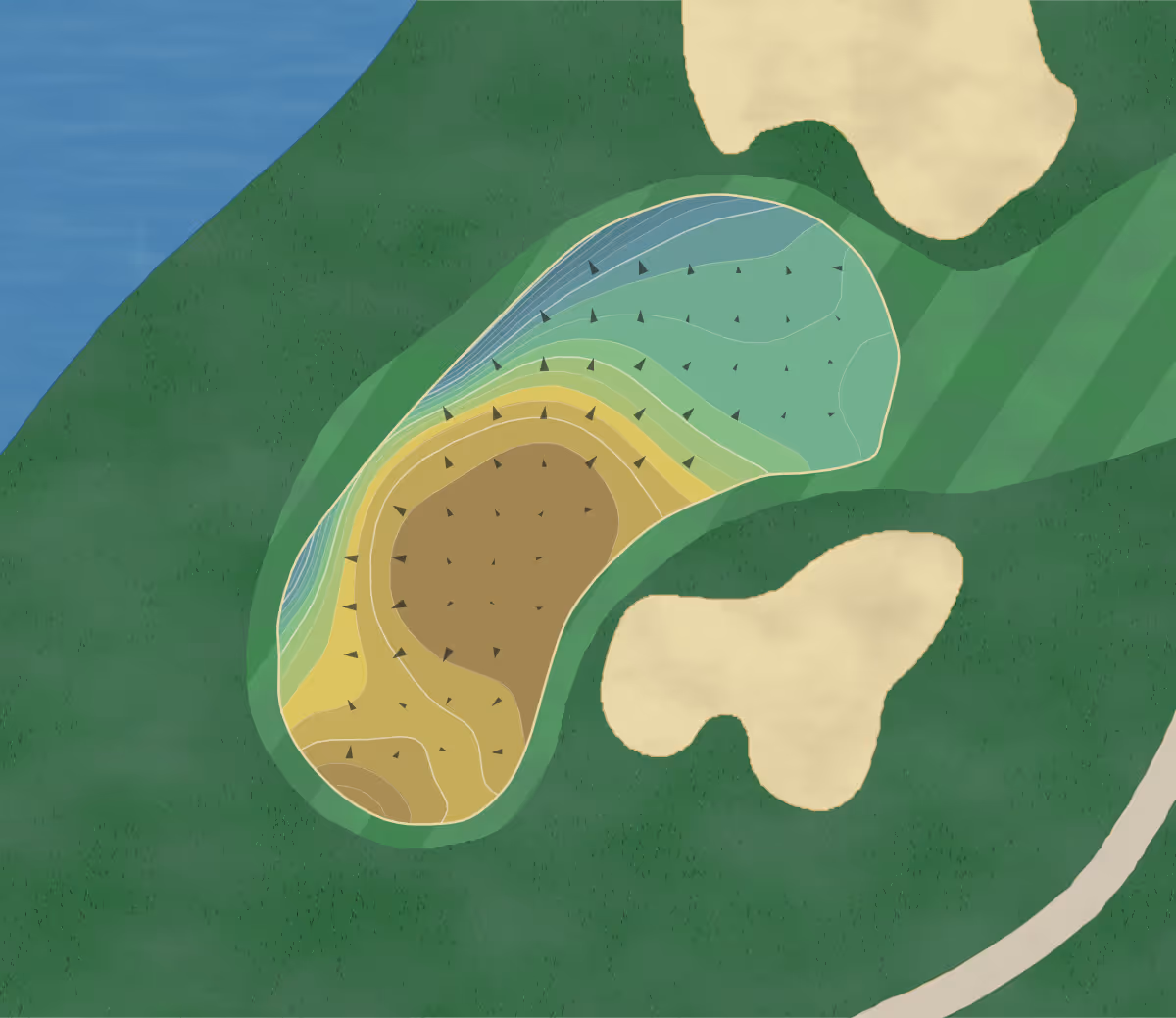 Green contour map of Crandon Park in Key Biscayne, Florida — 175 elevation contours at a 3-inch interval with fall-line arrows, traced from 1-meter lidar