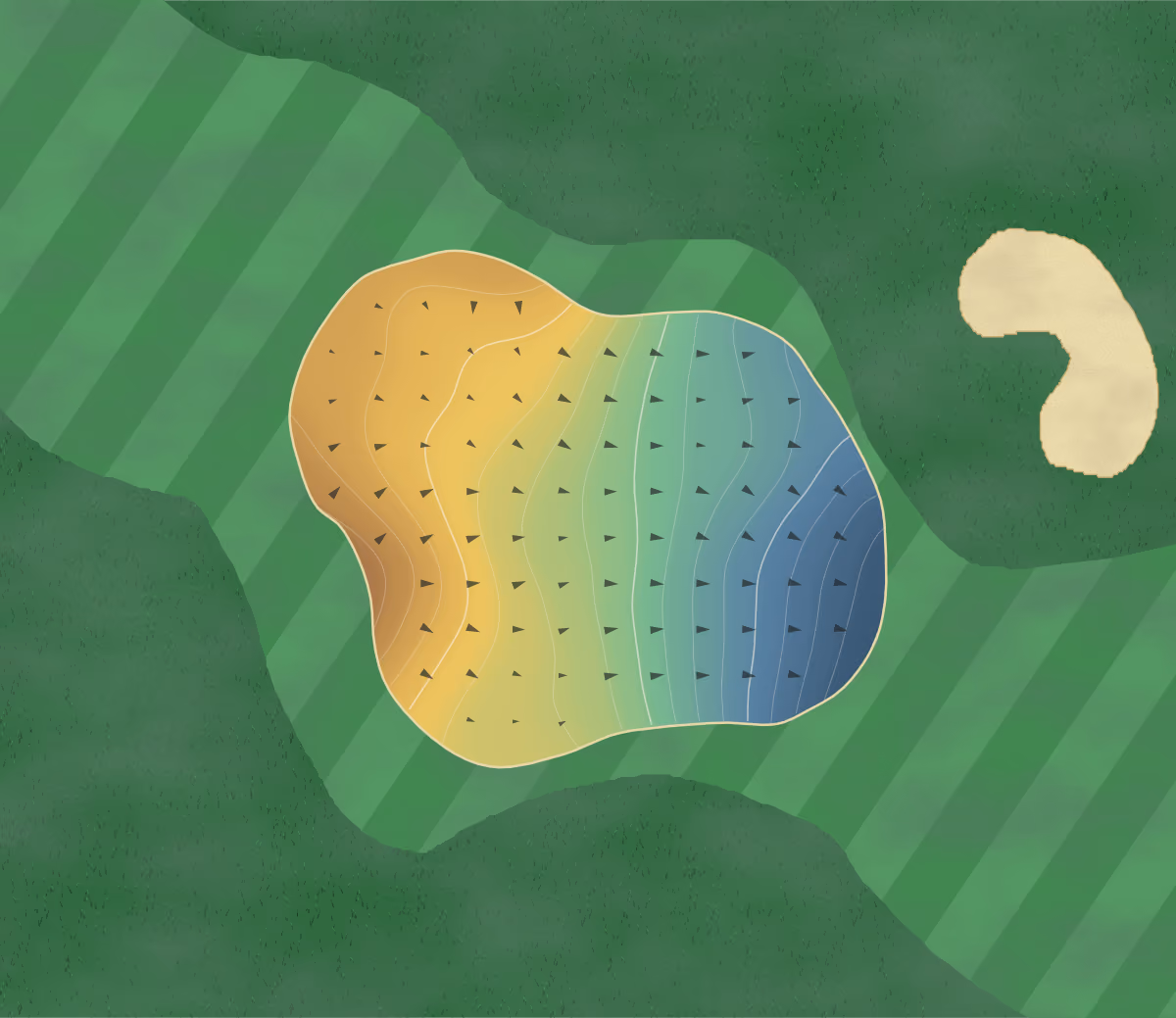Green contour map of Crane Valley in Dorset, England: 78 elevation contours at a 8-centimeter interval with fall-line arrows, traced from 1-meter lidar