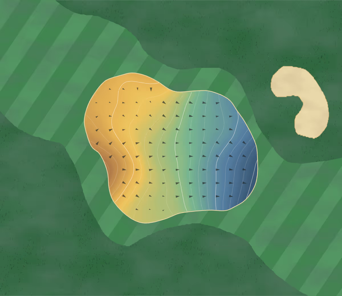 Green contour map of Crane Valley - Woodland in Dorset, England — 80 elevation contours at a 8-centimeter interval with fall-line arrows, traced from 1-meter lidar