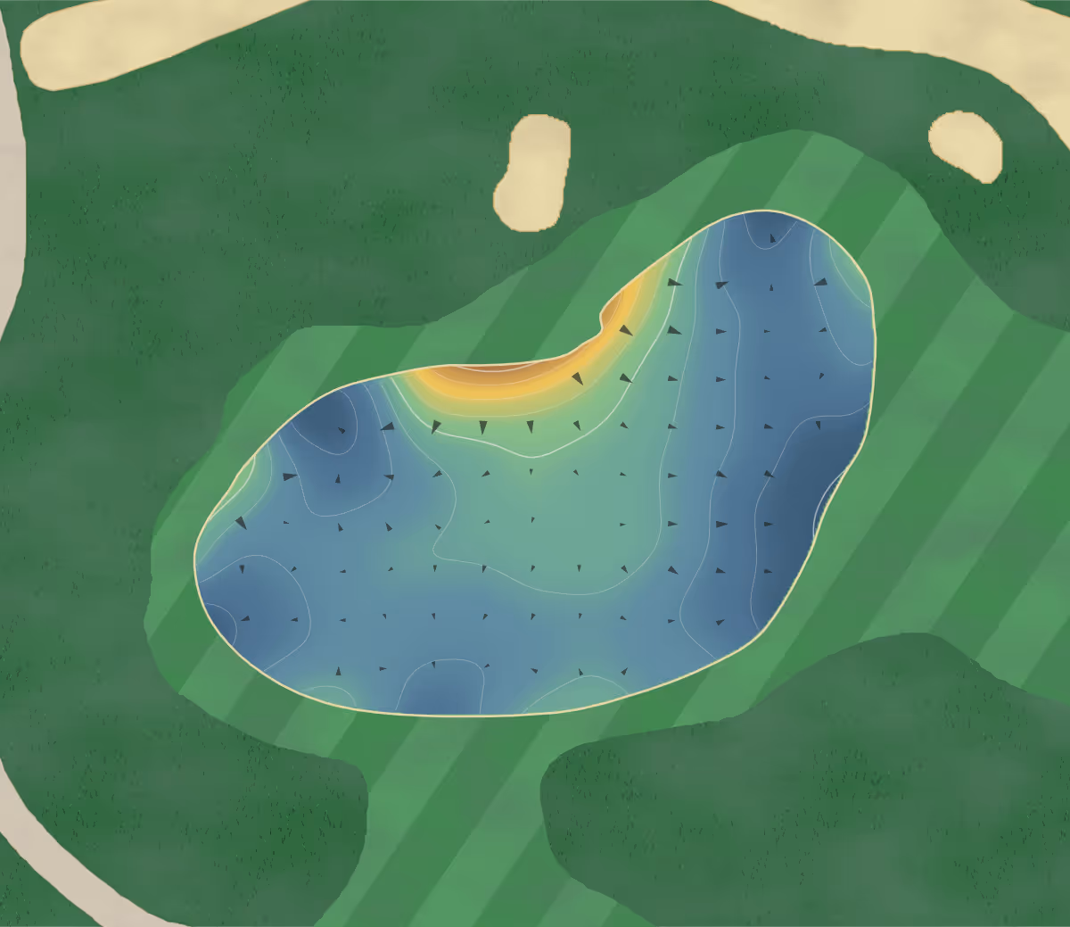 Green contour map of Crane Watch Club in Palm City, Florida — 72 elevation contours at a 3-inch interval with fall-line arrows, traced from 1-meter lidar