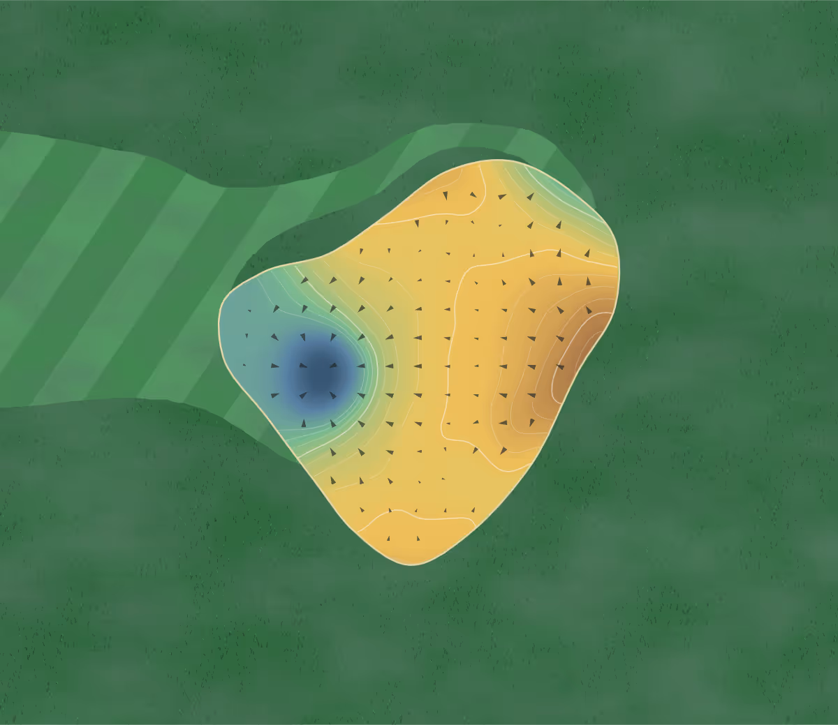 Green contour map of Cranfield in Romford, England: 193 elevation contours at a 8-centimeter interval with fall-line arrows, traced from 1-meter lidar