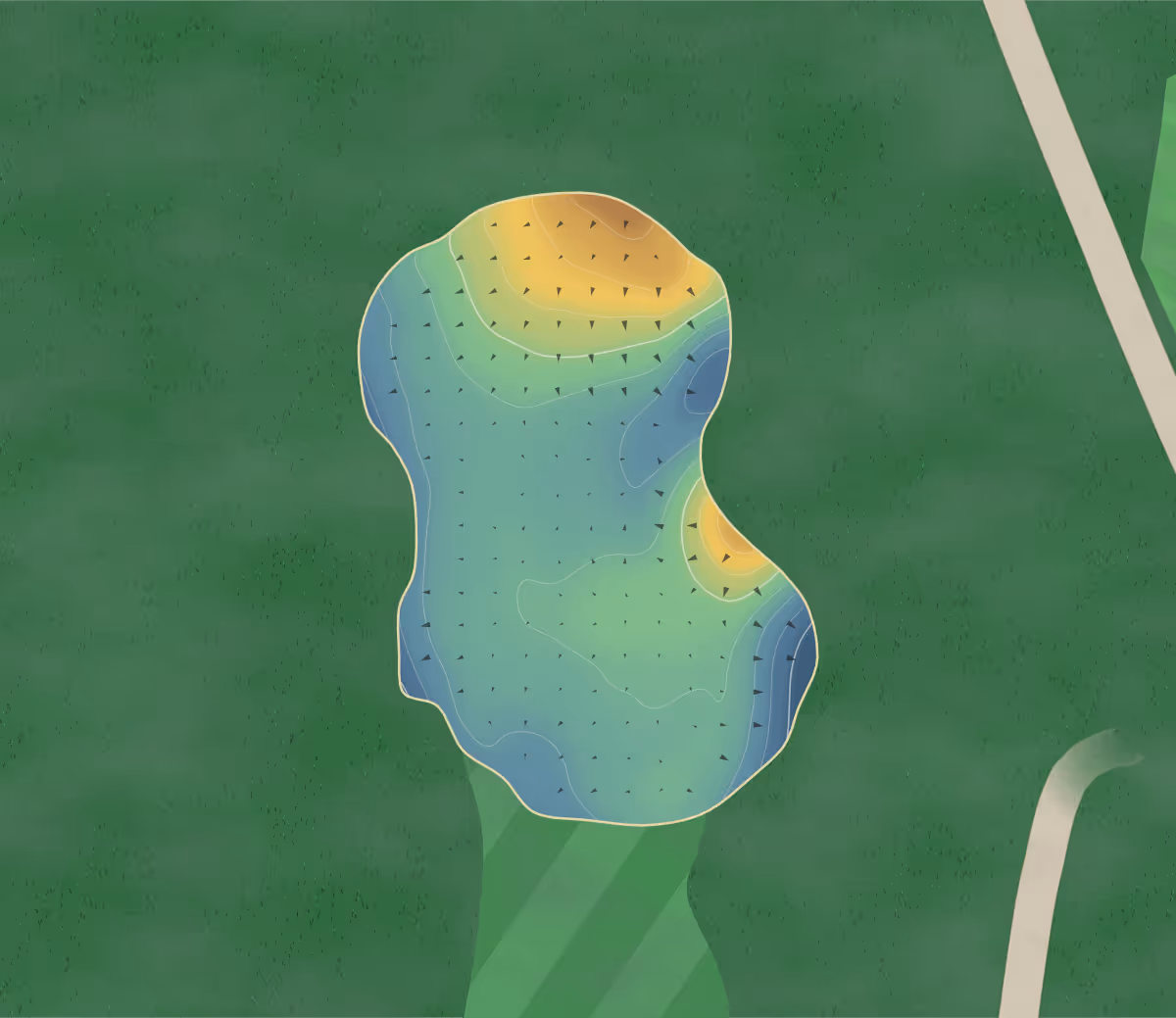 Green contour map of Cranham in Upminster, England: 128 elevation contours at a 8-centimeter interval with fall-line arrows, traced from 1-meter lidar