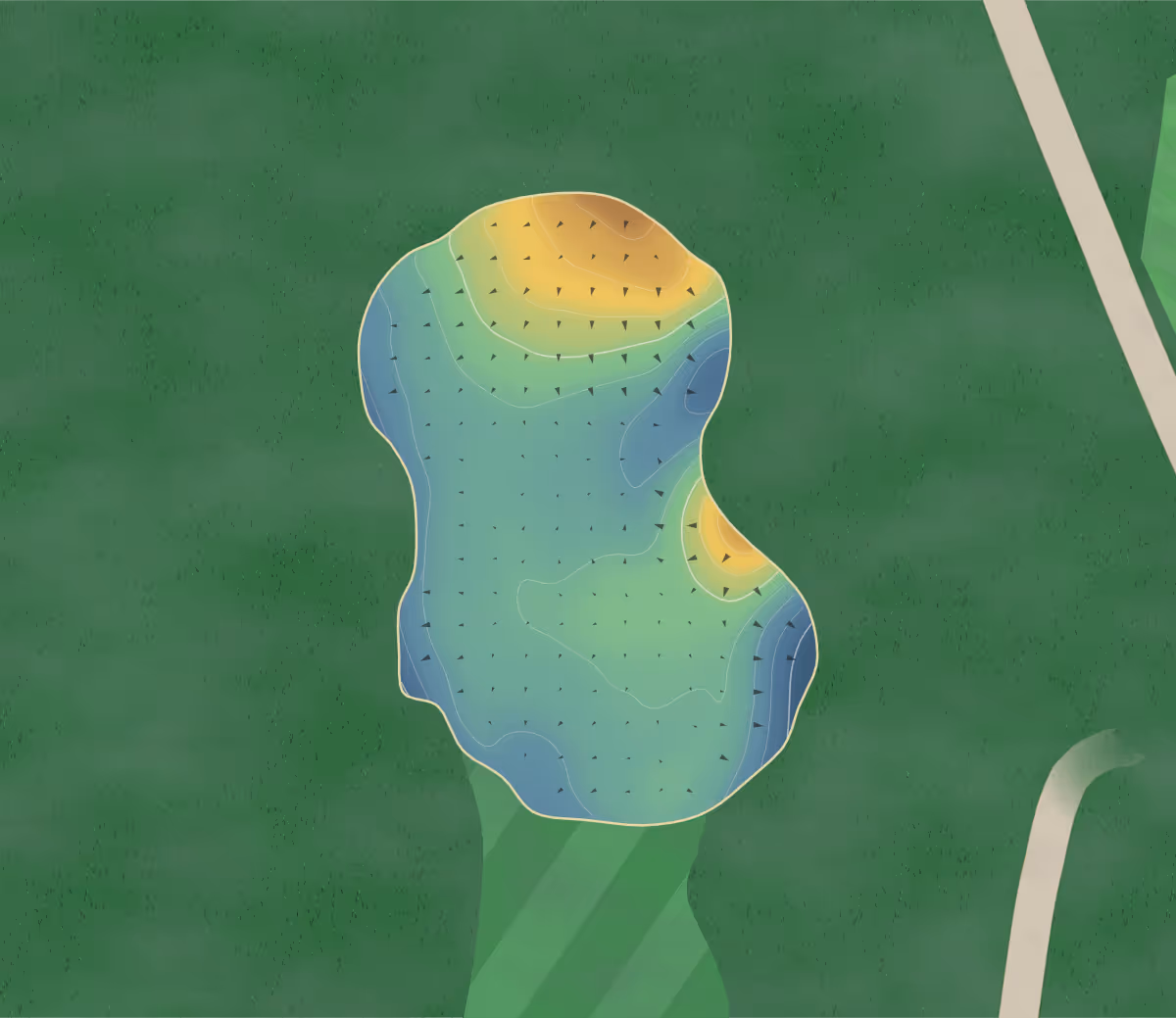 Green contour map of Cranham in Upminster, United Kingdom — 128 elevation contours at a 8-centimeter interval with fall-line arrows, traced from 1-meter lidar