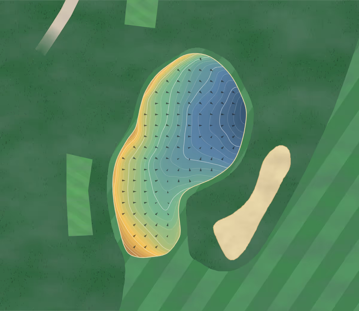 Green contour map of Creek Club in Woodbury, New York — 306 elevation contours at a 3-inch interval with fall-line arrows, traced from 1-meter lidar
