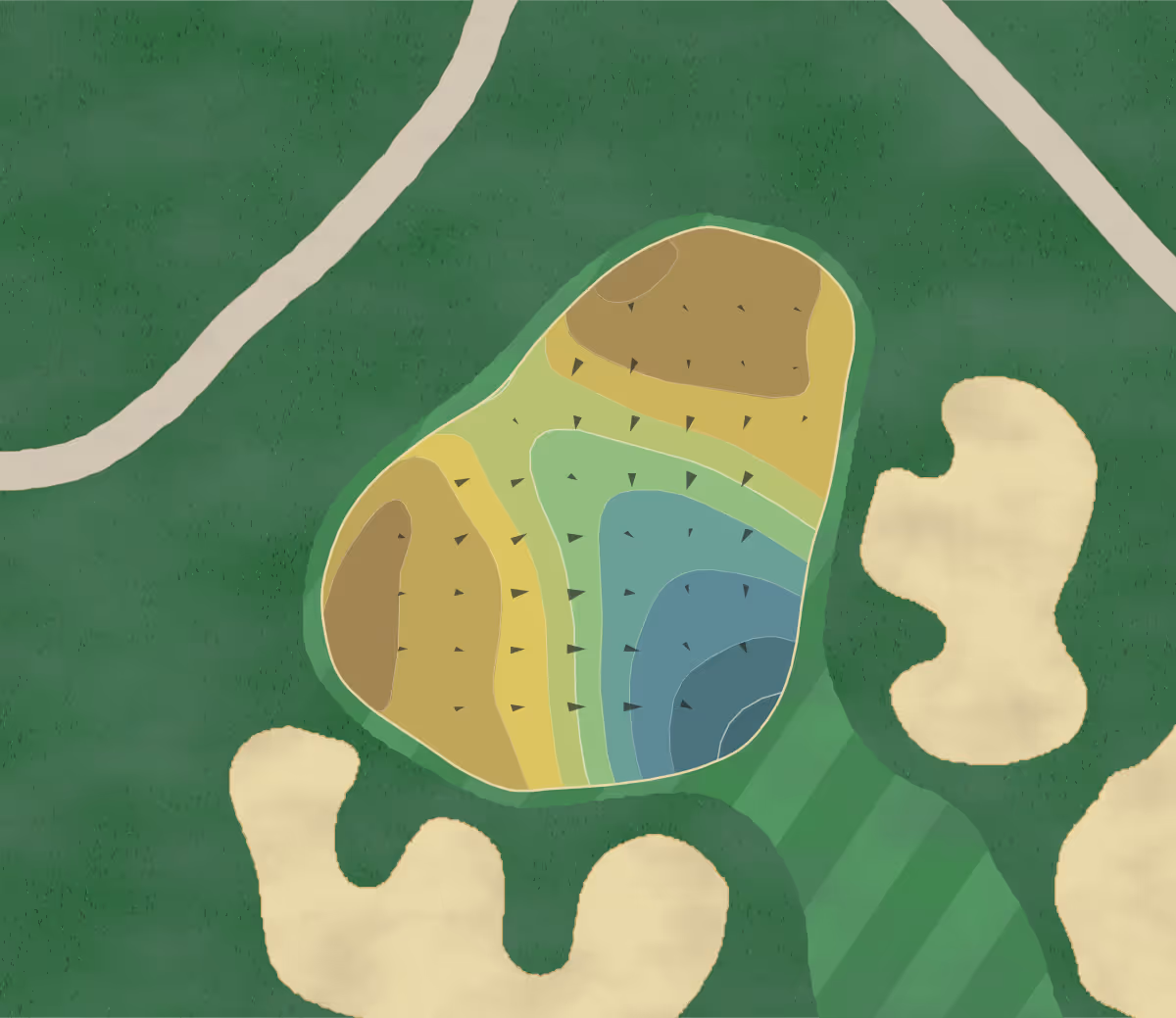 Green contour map of Creek Course in Palm Coast, Florida — 182 elevation contours at a 3-inch interval with fall-line arrows, traced from 1-meter lidar