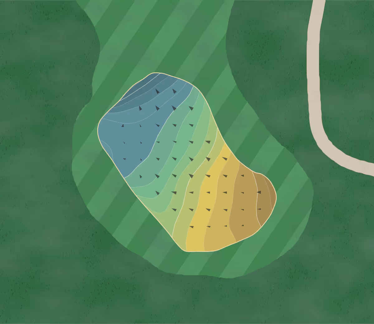 Green contour map of Creeks Bend in Hixson, Tennessee — 175 elevation contours at a 3-inch interval with fall-line arrows, traced from 1-meter lidar