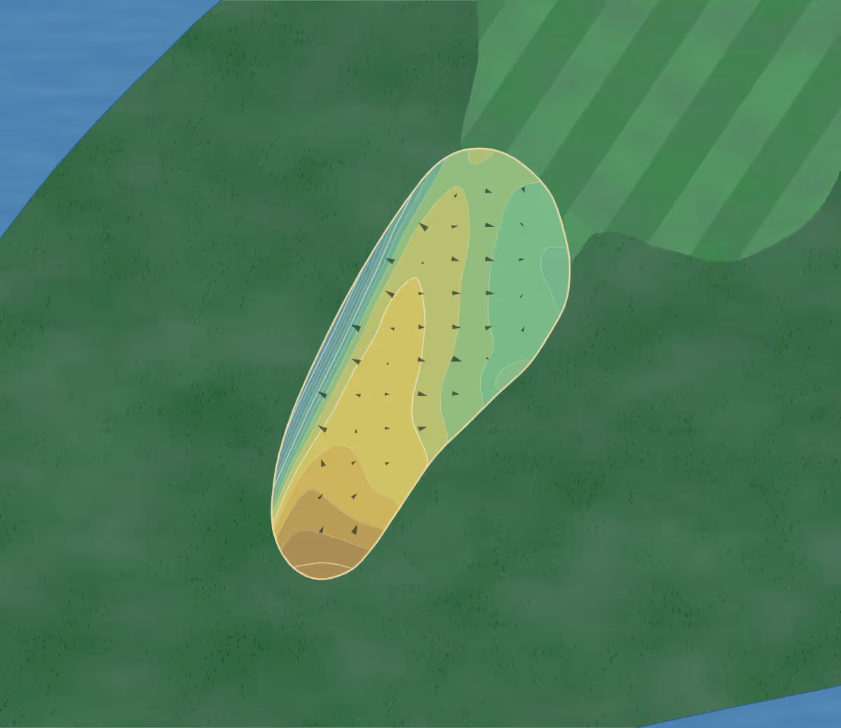 Green contour map of Creeks Public in Cave Springs, Arkansas — 151 elevation contours at a 3-inch interval with fall-line arrows, traced from 1-meter lidar