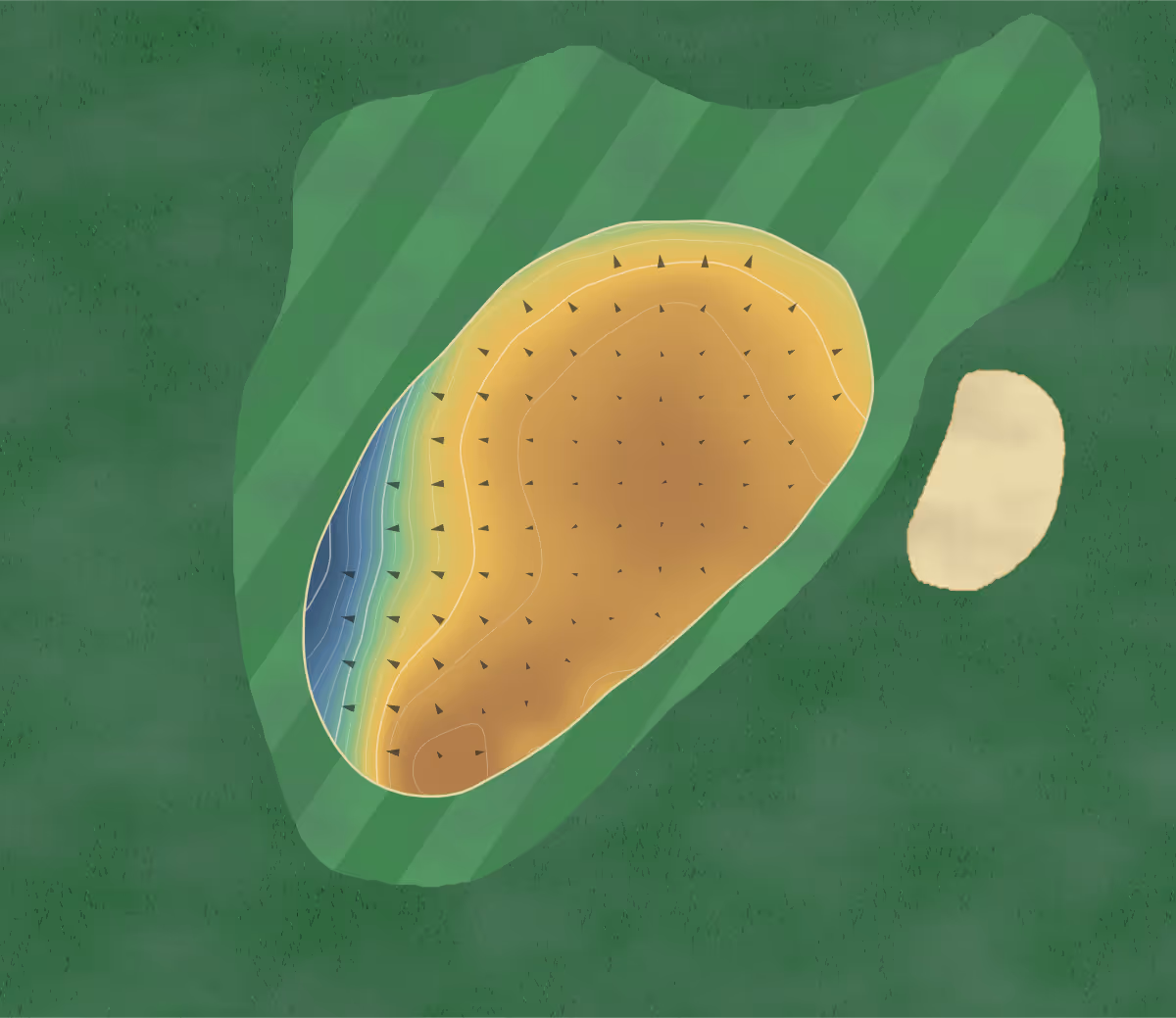 Green contour map of Creekside Gc in Salem, Oregon — 109 elevation contours at a 3-inch interval with fall-line arrows, traced from 1-meter lidar