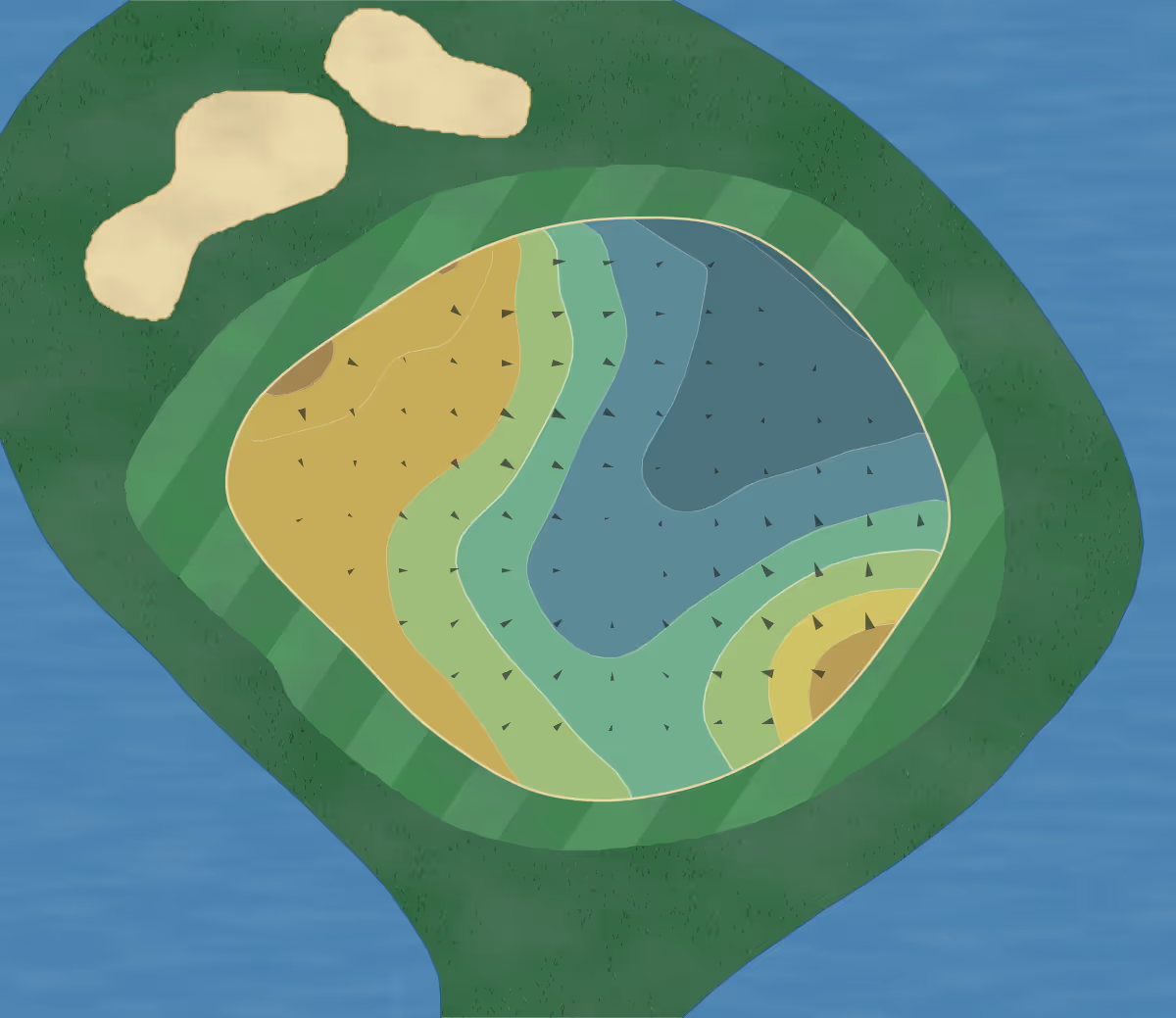 Green contour map of Creekside Golf in Hiram, Georgia — 180 elevation contours at a 3-inch interval with fall-line arrows, traced from 1-meter lidar