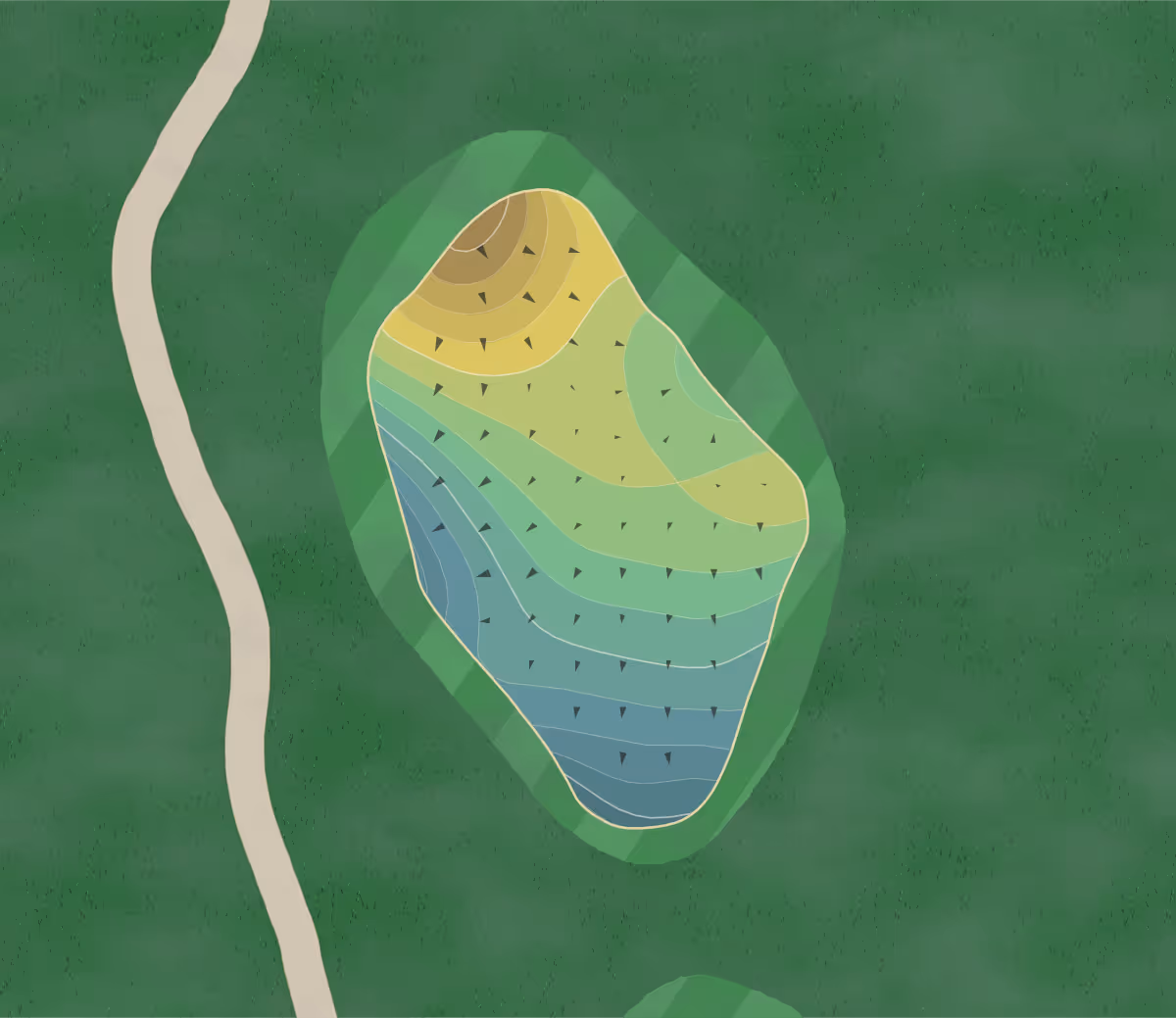 Green contour map of Crescent Oaks in Tarpon Springs, Florida — 66 elevation contours at a 3-inch interval with fall-line arrows, traced from 1-meter lidar