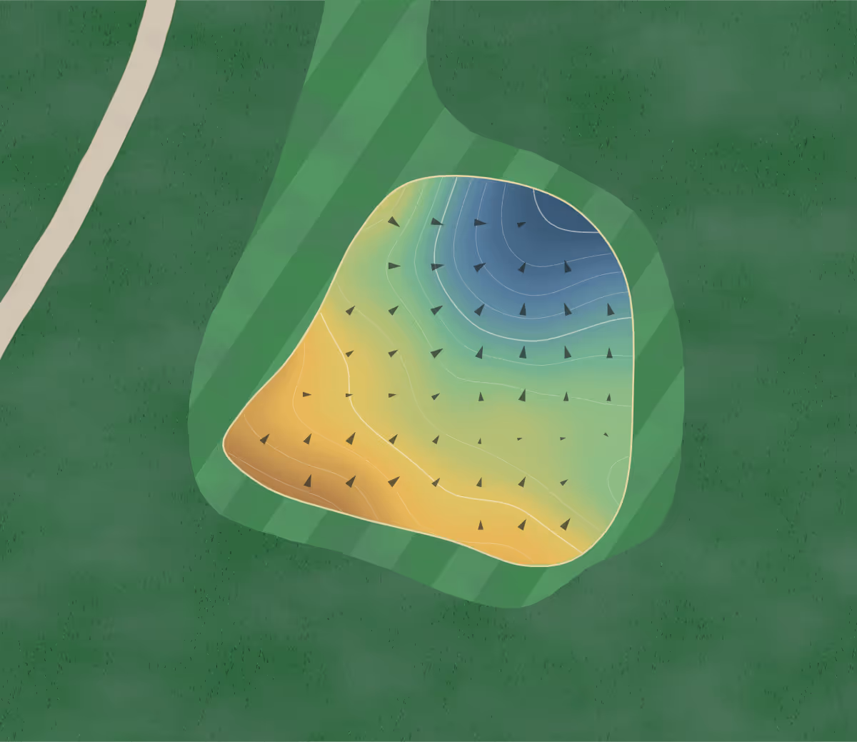 Green contour map of Crescent Pointe in Bluffton, South Carolina: 133 elevation contours at a 3-inch interval with fall-line arrows, traced from 1-meter lidar