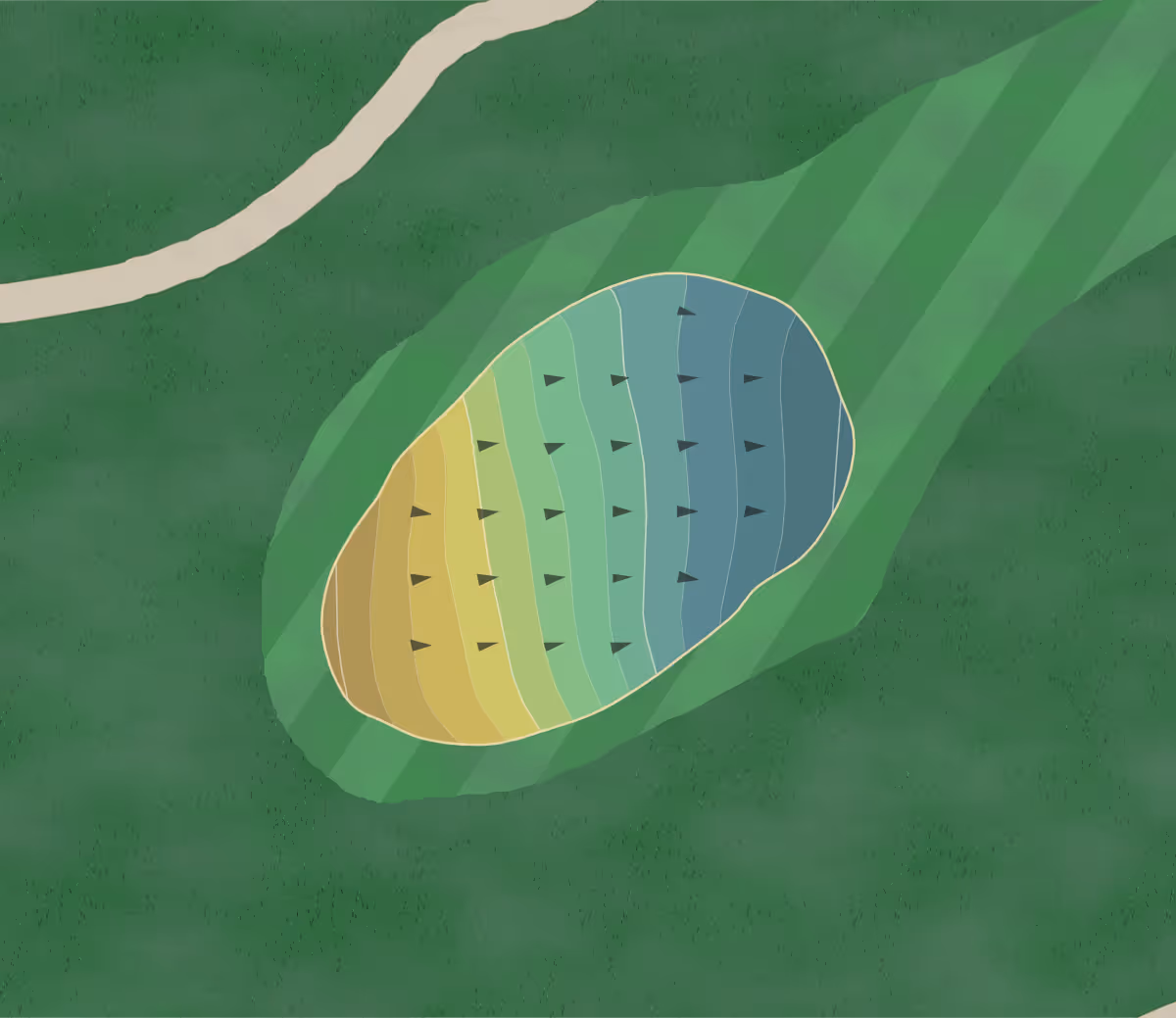 Green contour map of Cresta Verde in Corona, California — 118 elevation contours at a 3-inch interval with fall-line arrows, traced from 1-meter lidar