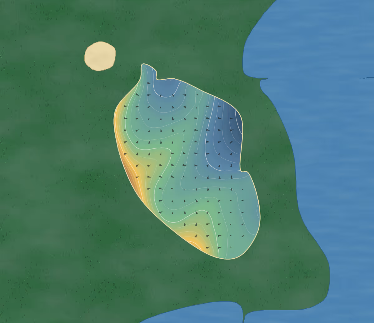 Green contour map of Creston in Creston, Canada — 248 elevation contours at a 8-centimeter interval with fall-line arrows, traced from 1-meter lidar