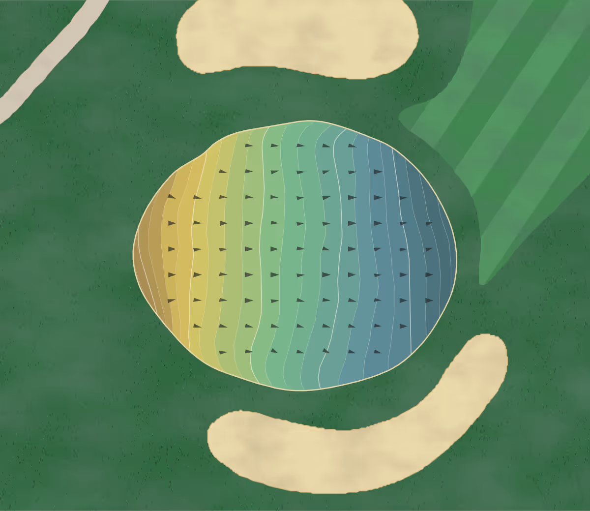 Green contour map of Crestview CC in Agawam, Massachusetts — 251 elevation contours at a 3-inch interval with fall-line arrows, traced from 1-meter lidar