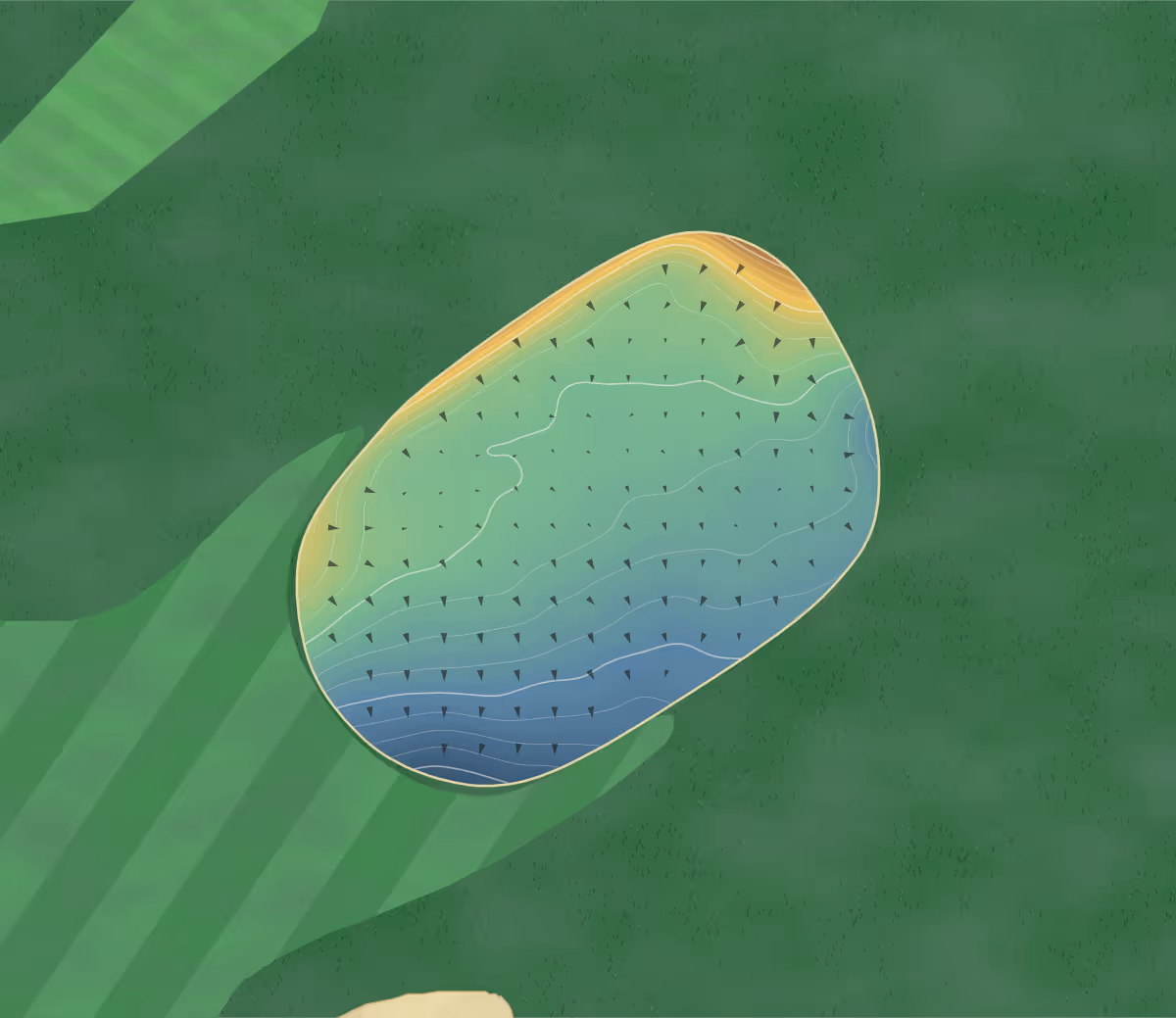 Green contour map of Crieff in Crieff, Scotland: 184 elevation contours at a 8-centimeter interval with fall-line arrows, traced from 1-meter lidar