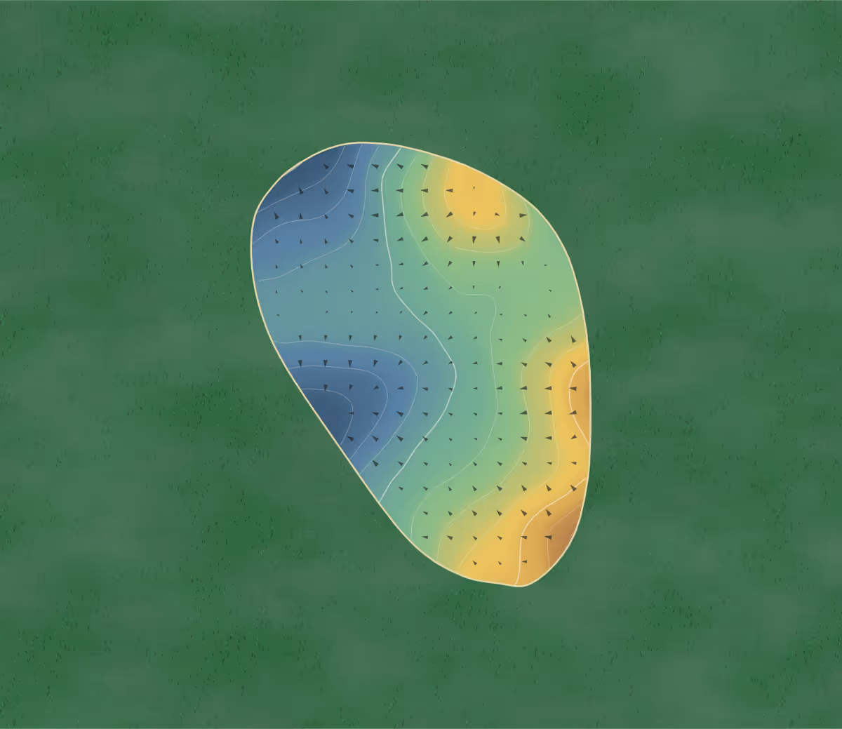 Green contour map of Crondon Park in Stock, England: 11 elevation contours at a 8-centimeter interval with fall-line arrows, traced from 1-meter lidar