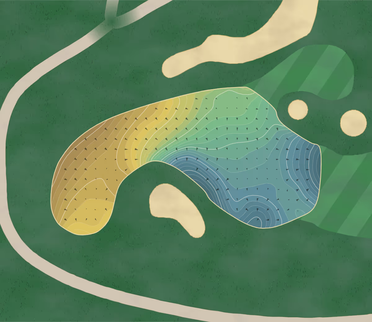 Green contour map of Crooked Stick in Carmel, Indiana — 225 elevation contours at a 3-inch interval with fall-line arrows, traced from 1-meter lidar