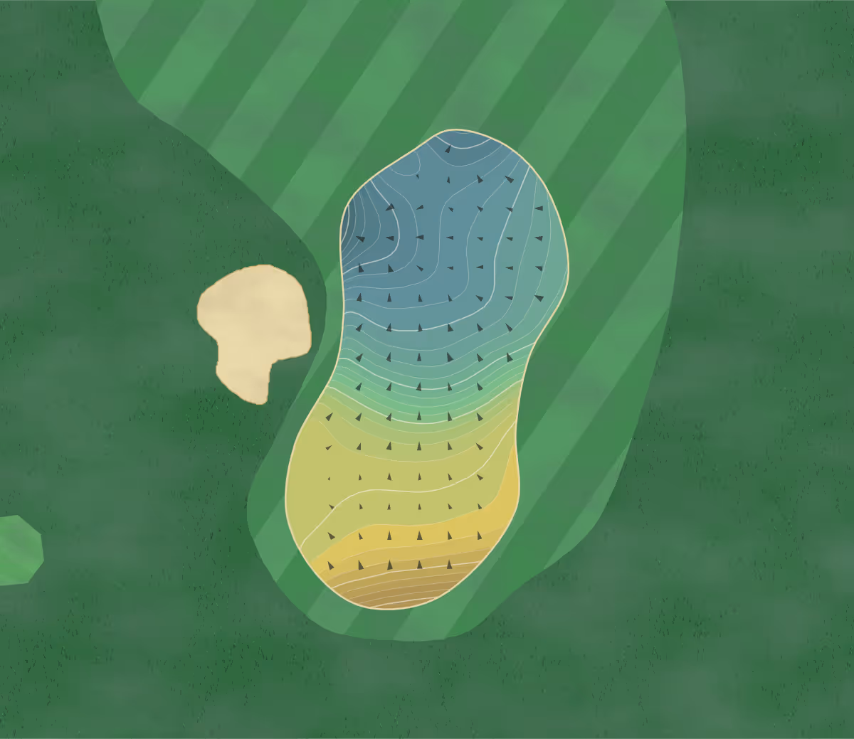 Green contour map of Crosby Club in Rancho Santa Fe, California — 297 elevation contours at a 3-inch interval with fall-line arrows, traced from 1-meter lidar