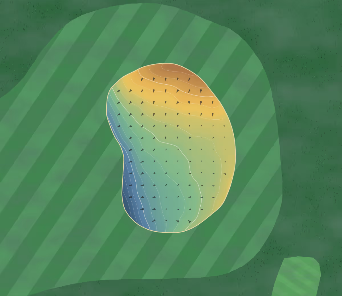 Green contour map of Crosby Country Club in Crosby ND, North Dakota — 77 elevation contours at a 3-inch interval with fall-line arrows, traced from 1-meter lidar