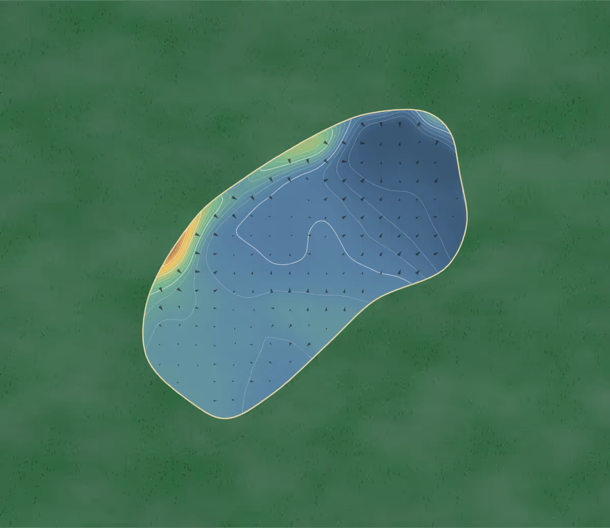 Green contour map of Crosland Heath in Huddersfield, England: 236 elevation contours at a 8-centimeter interval with fall-line arrows, traced from 1-meter lidar