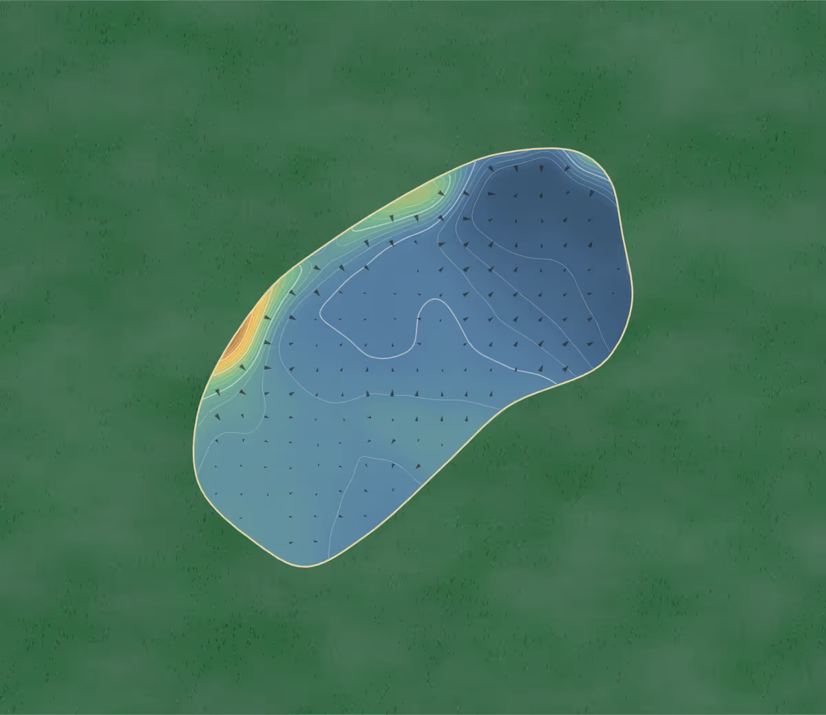 Green contour map of Crosland Heath in Huddersfield, England — 223 elevation contours at a 8-centimeter interval with fall-line arrows, traced from 1-meter lidar