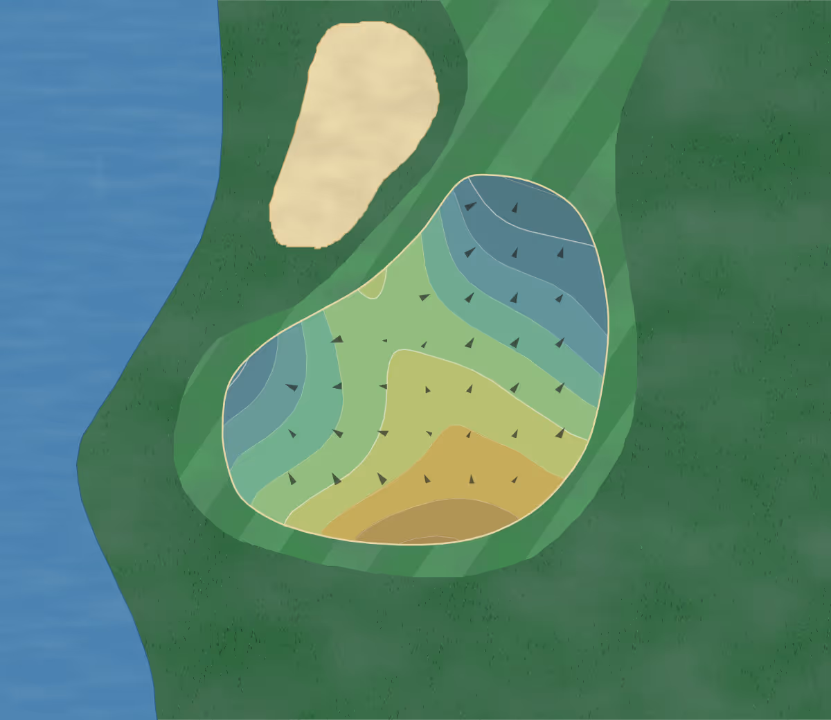 Green contour map of Cross Creek in Fort Myers, Florida — 129 elevation contours at a 3-inch interval with fall-line arrows, traced from 1-meter lidar