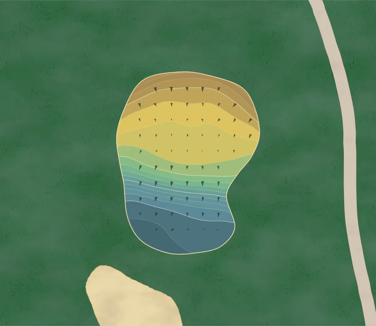 Green contour map of Crossgates GC in Millersville, Pennsylvania — 146 elevation contours at a 3-inch interval with fall-line arrows, traced from 1-meter lidar