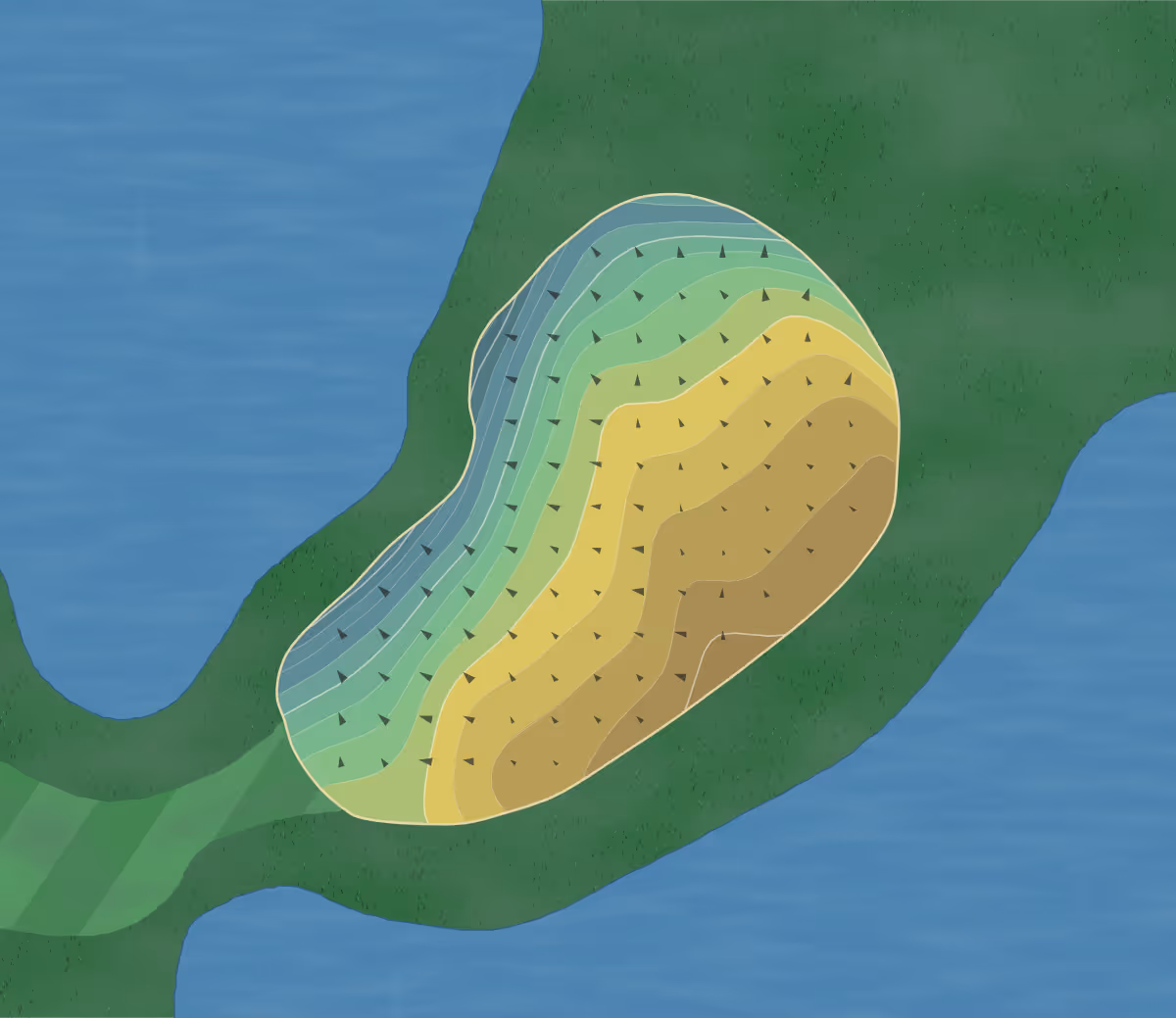 Green contour map of Crossings GC in Brooks, Kentucky — 211 elevation contours at a 3-inch interval with fall-line arrows, traced from 1-meter lidar