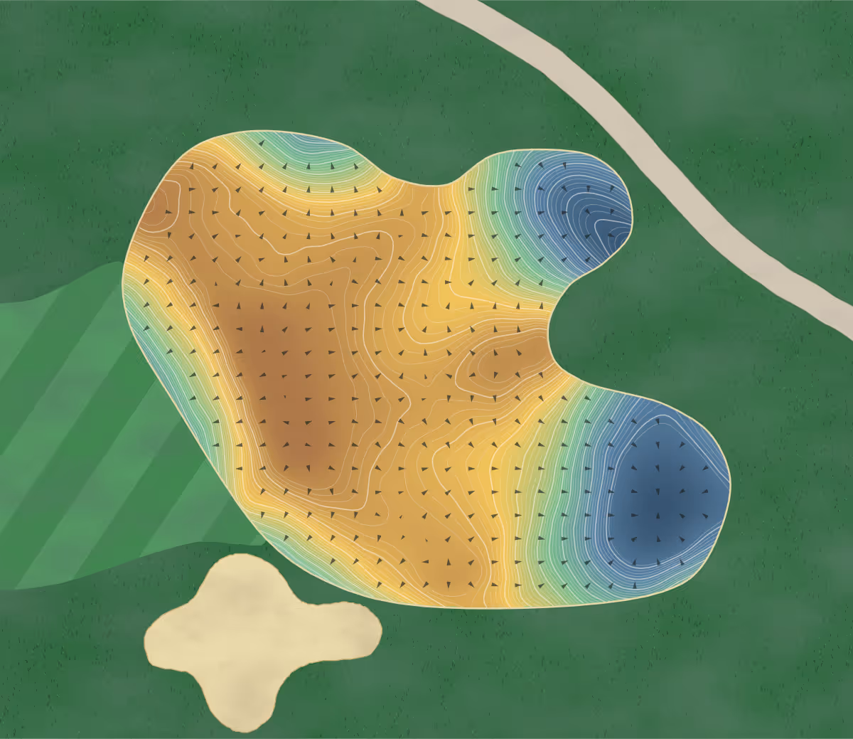 Green contour map of Crosswater Club in Sunriver, Oregon — 767 elevation contours at a 3-inch interval with fall-line arrows, traced from 1-meter lidar