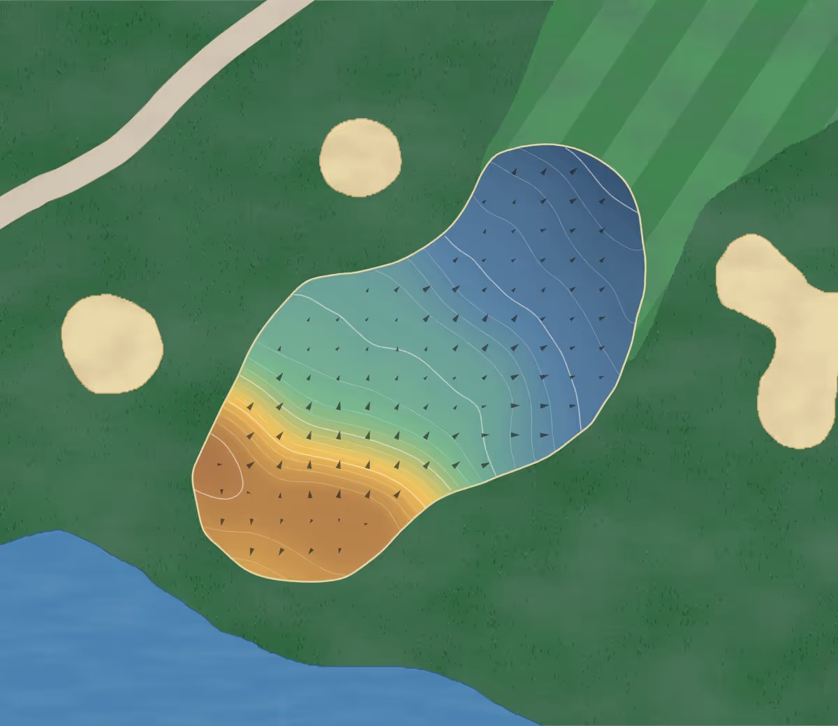 Green contour map of Crosswinds in Milton, Canada — 150 elevation contours at a 8-centimeter interval with fall-line arrows, traced from 1-meter lidar