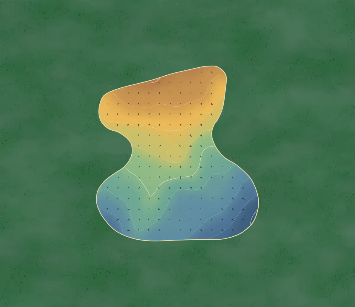 Green contour map of Crow Wood in Chryston, Scotland: 14 elevation contours at a 8-centimeter interval with fall-line arrows, traced from 1-meter lidar