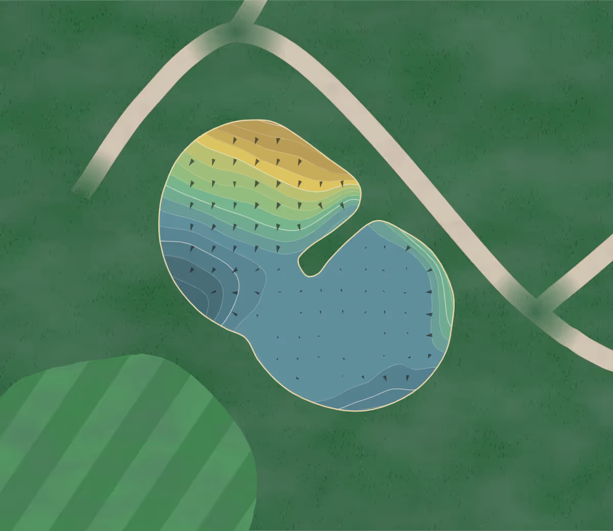 Green contour map of Crowborough Beacon in Crowbrorough, England — 190 elevation contours at a 8-centimeter interval with fall-line arrows, traced from 1-meter lidar