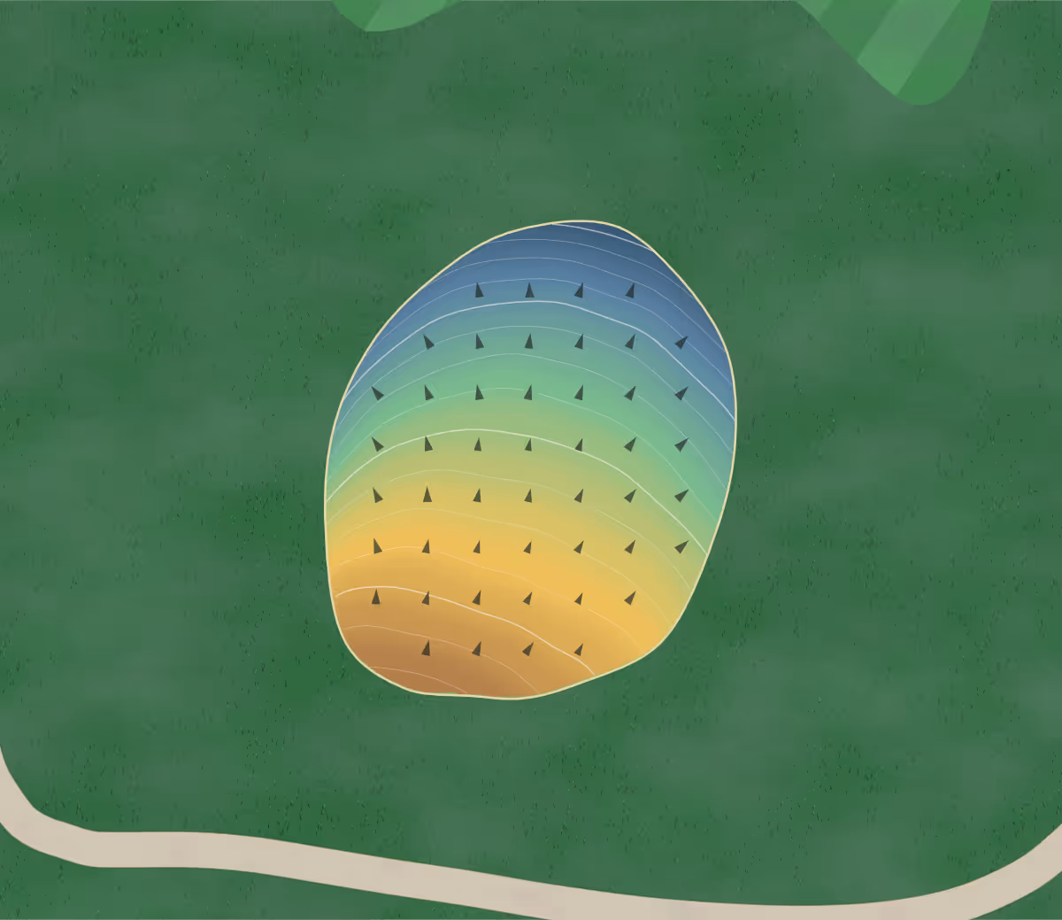 Green contour map of Crowley's Ridge in Missouri, United States — 90 elevation contours at a 3-inch interval with fall-line arrows, traced from 1-meter lidar