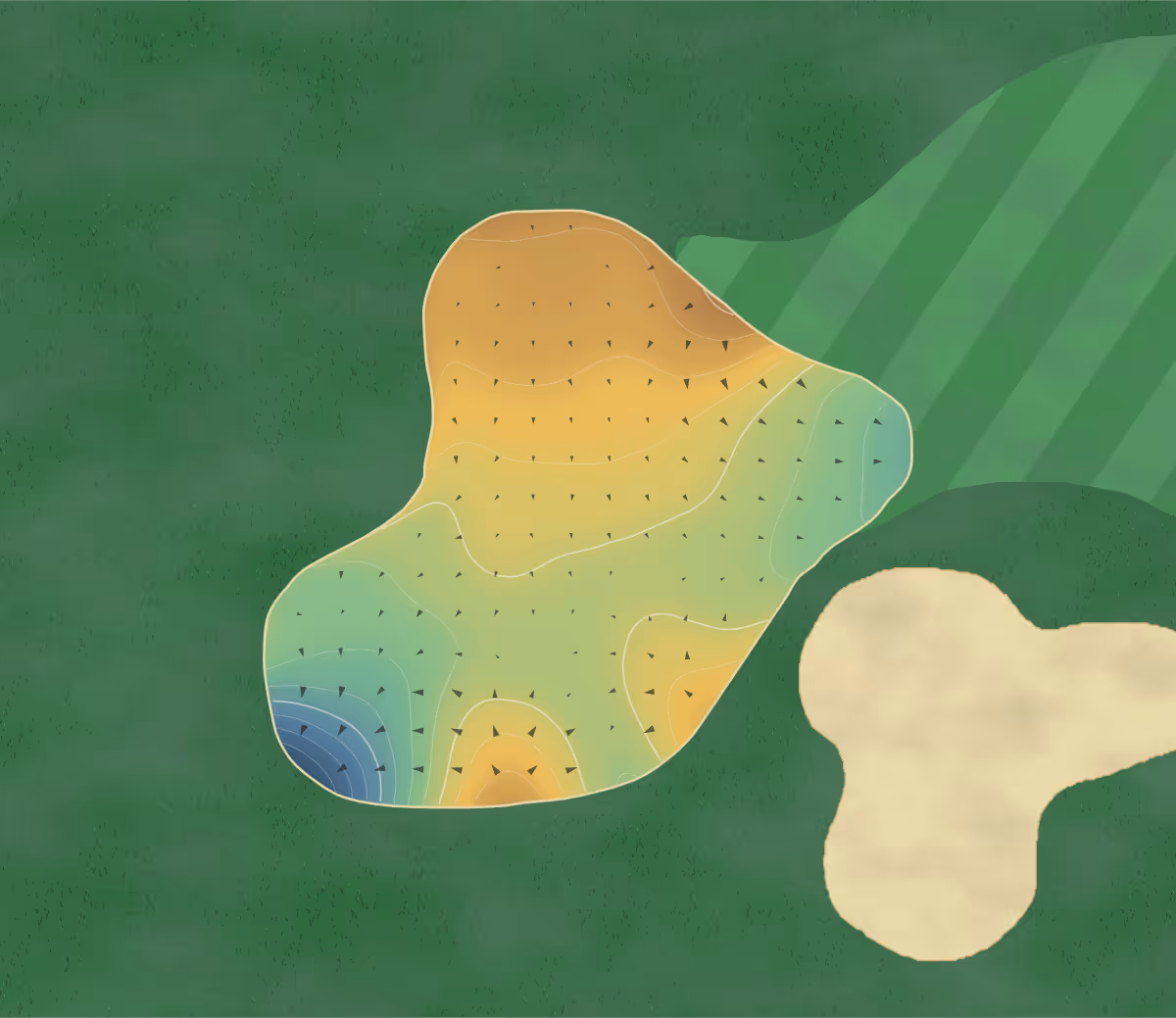 Green contour map of Crown Isle in Courtenay, Canada: 198 elevation contours at a 8-centimeter interval with fall-line arrows, traced from 1-meter lidar