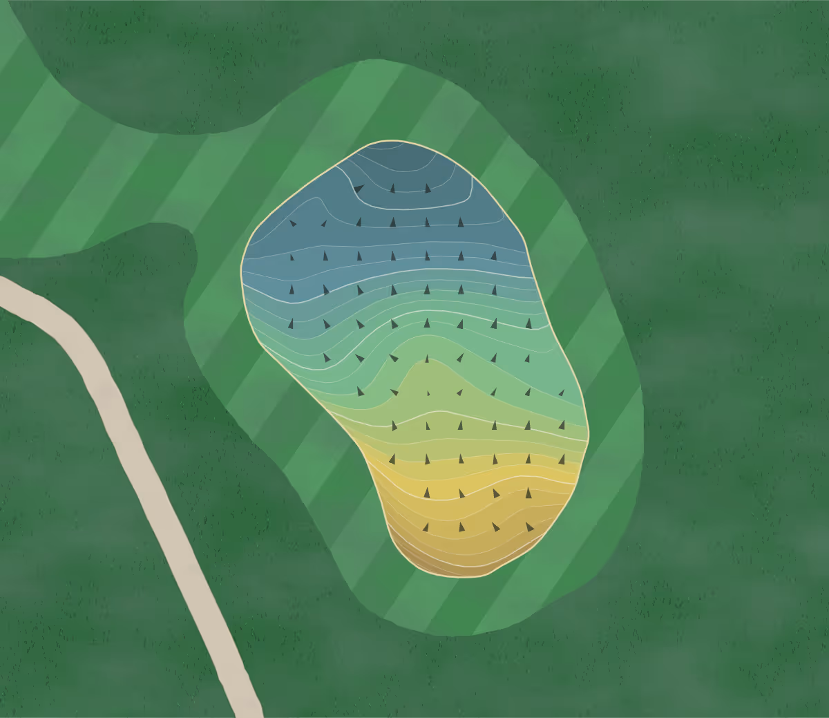Green contour map of Crystal Falls in Leander, Texas — 277 elevation contours at a 3-inch interval with fall-line arrows, traced from 1-meter lidar
