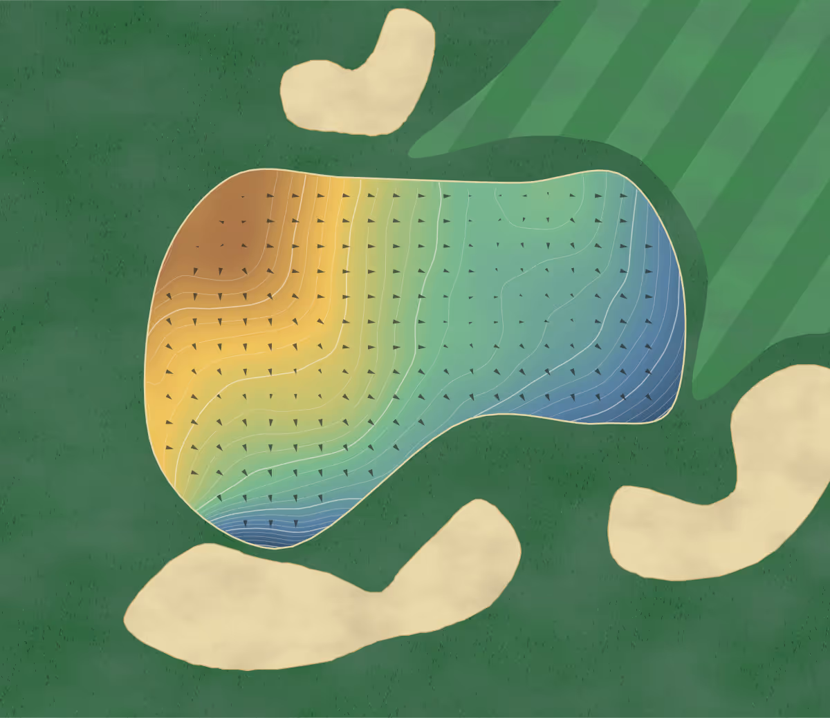 Green contour map of Crystal Ridge in Okotoks, Canada: 144 elevation contours at a 8-centimeter interval with fall-line arrows, traced from 1-meter lidar