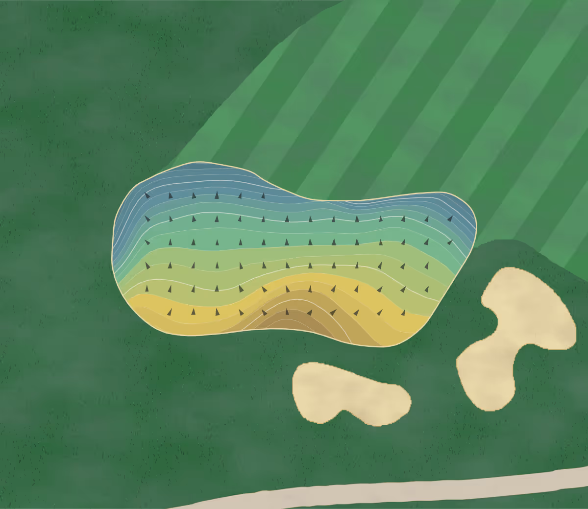 Green contour map of Crystal Tree in Orland Park, Illinois — 229 elevation contours at a 3-inch interval with fall-line arrows, traced from 1-meter lidar