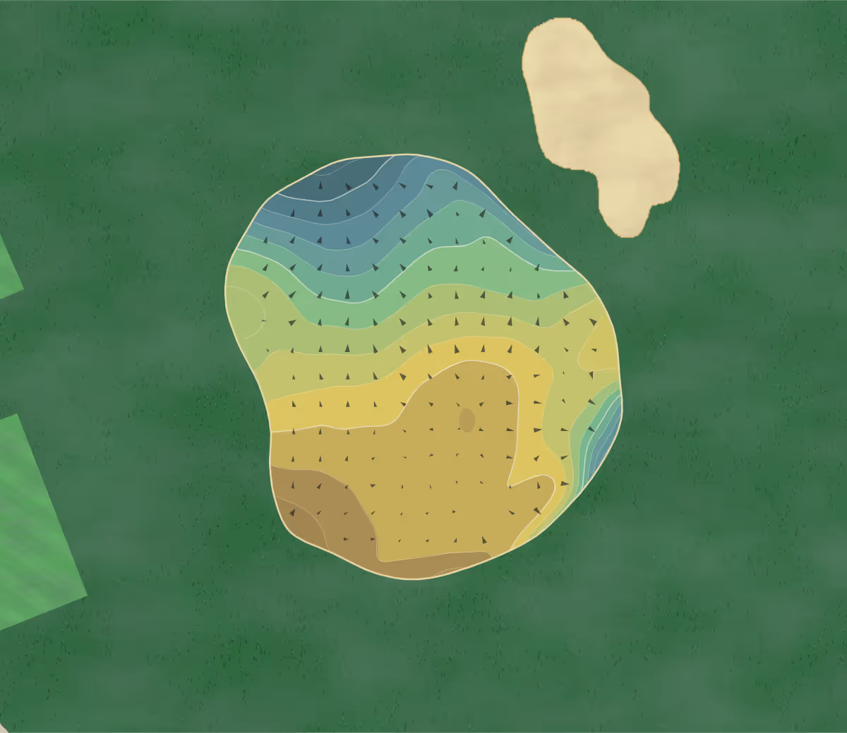 Green contour map of Cuddington GC in Banstead, England — 200 elevation contours at a 8-centimeter interval with fall-line arrows, traced from 1-meter lidar