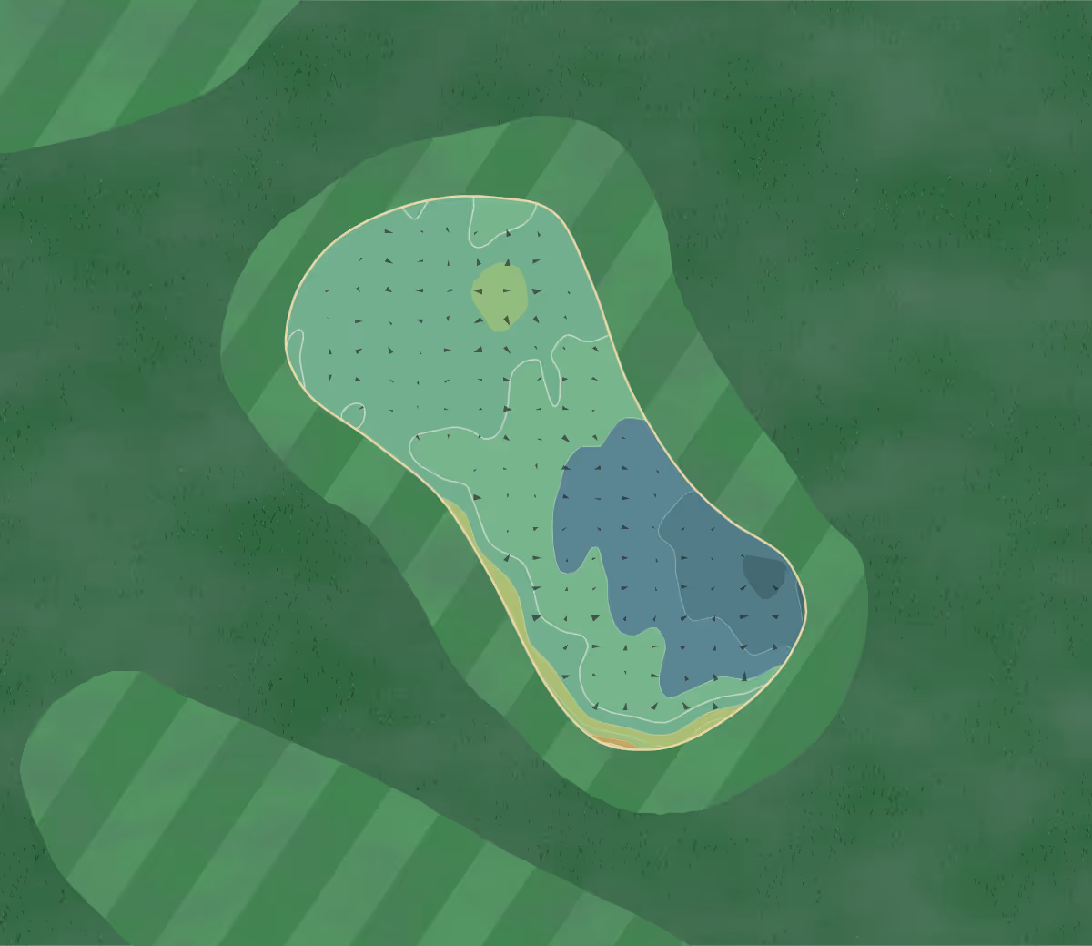 Green contour map of Cullen in Buckie, Scotland — 133 elevation contours at a 8-centimeter interval with fall-line arrows, traced from 1-meter lidar