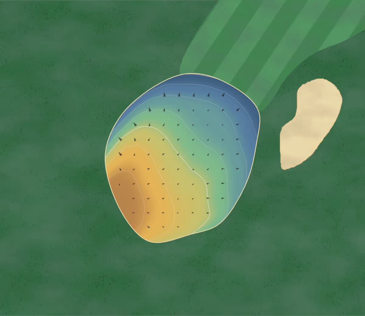Green contour map of Curran Par-3 in Ottawa, Wales: 7 elevation contours at a 8-centimeter interval with fall-line arrows, traced from 1-meter lidar