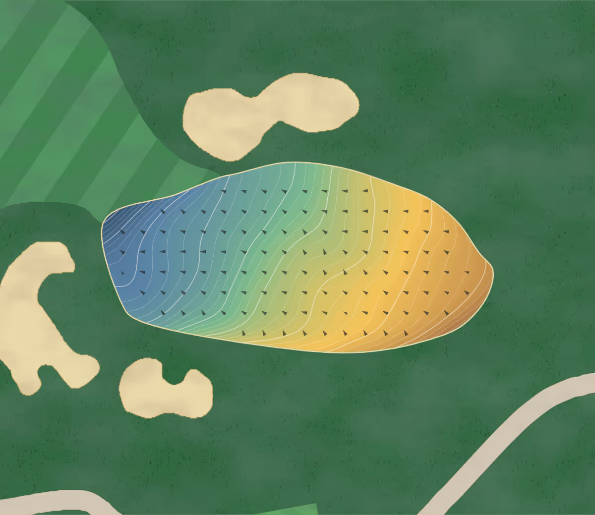 Green contour map of Cutten Fields in Guelph, Canada — 218 elevation contours at a 8-centimeter interval with fall-line arrows, traced from 1-meter lidar