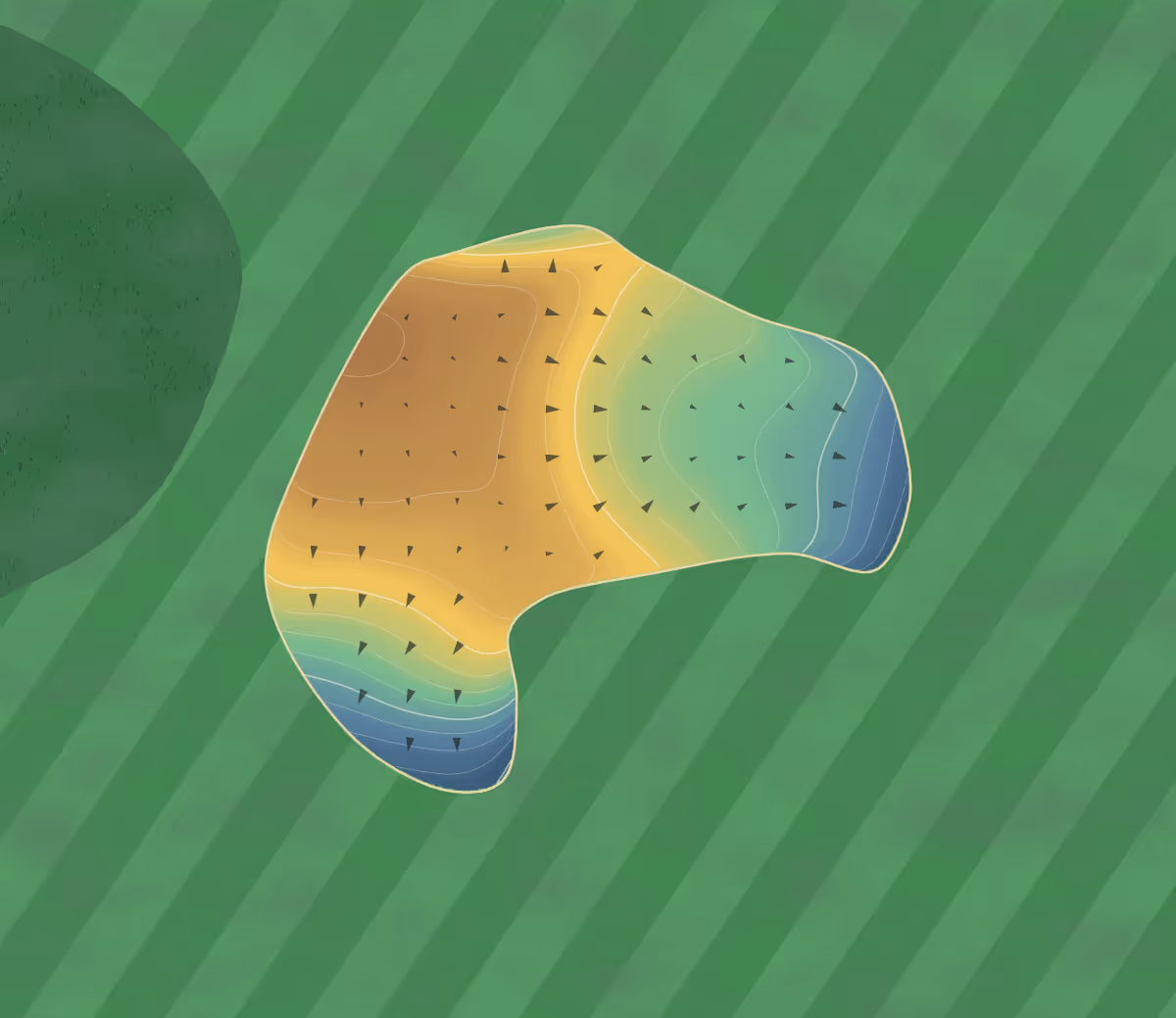 Green contour map of Cyclone golf in Iowa, United States — 68 elevation contours at a 3-inch interval with fall-line arrows, traced from 1-meter lidar