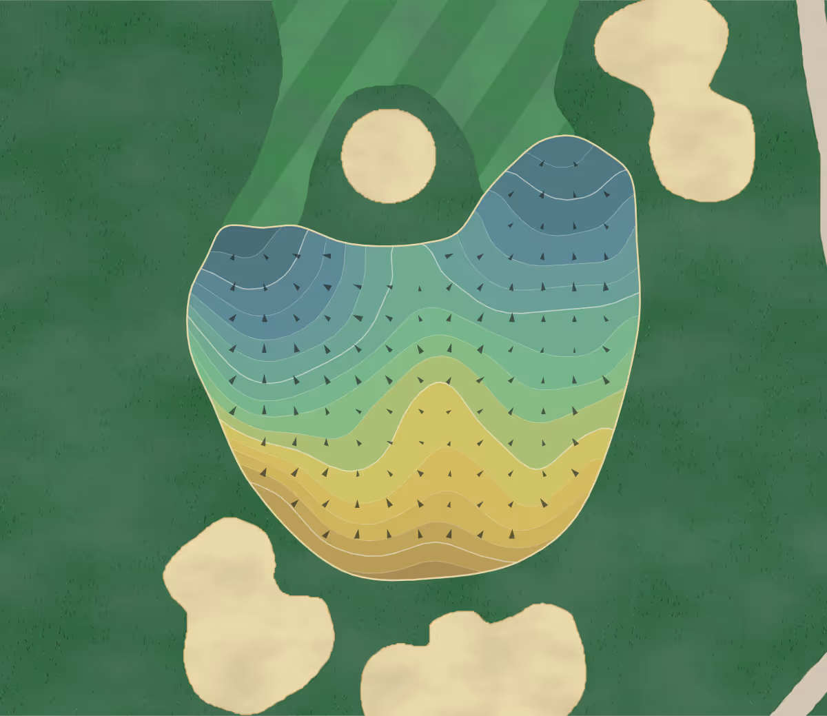 Green contour map of Cypress Lakes in Muscle Shoals, Alabama — 184 elevation contours at a 3-inch interval with fall-line arrows, traced from 1-meter lidar